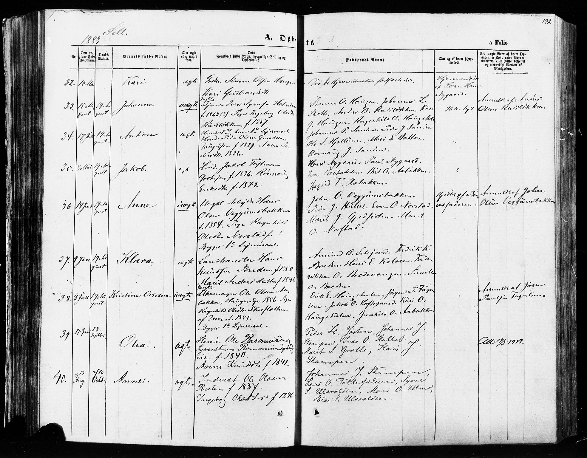 Vågå prestekontor, AV/SAH-PREST-076/H/Ha/Haa/L0007: Parish register (official) no. 7 /3, 1872-1886, p. 132