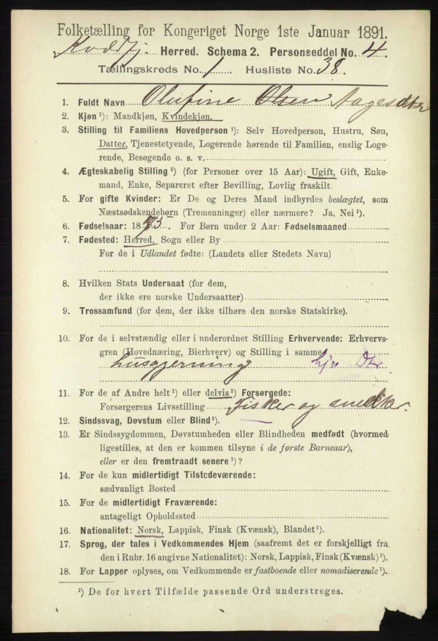 RA, 1891 census for 1911 Kvæfjord, 1891, p. 334