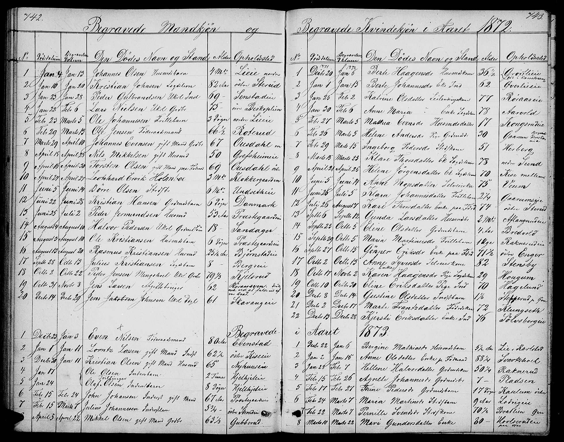 Nes prestekontor, Hedmark, SAH/PREST-020/L/La/L0005: Parish register (copy) no. 5, 1852-1889, p. 742-743