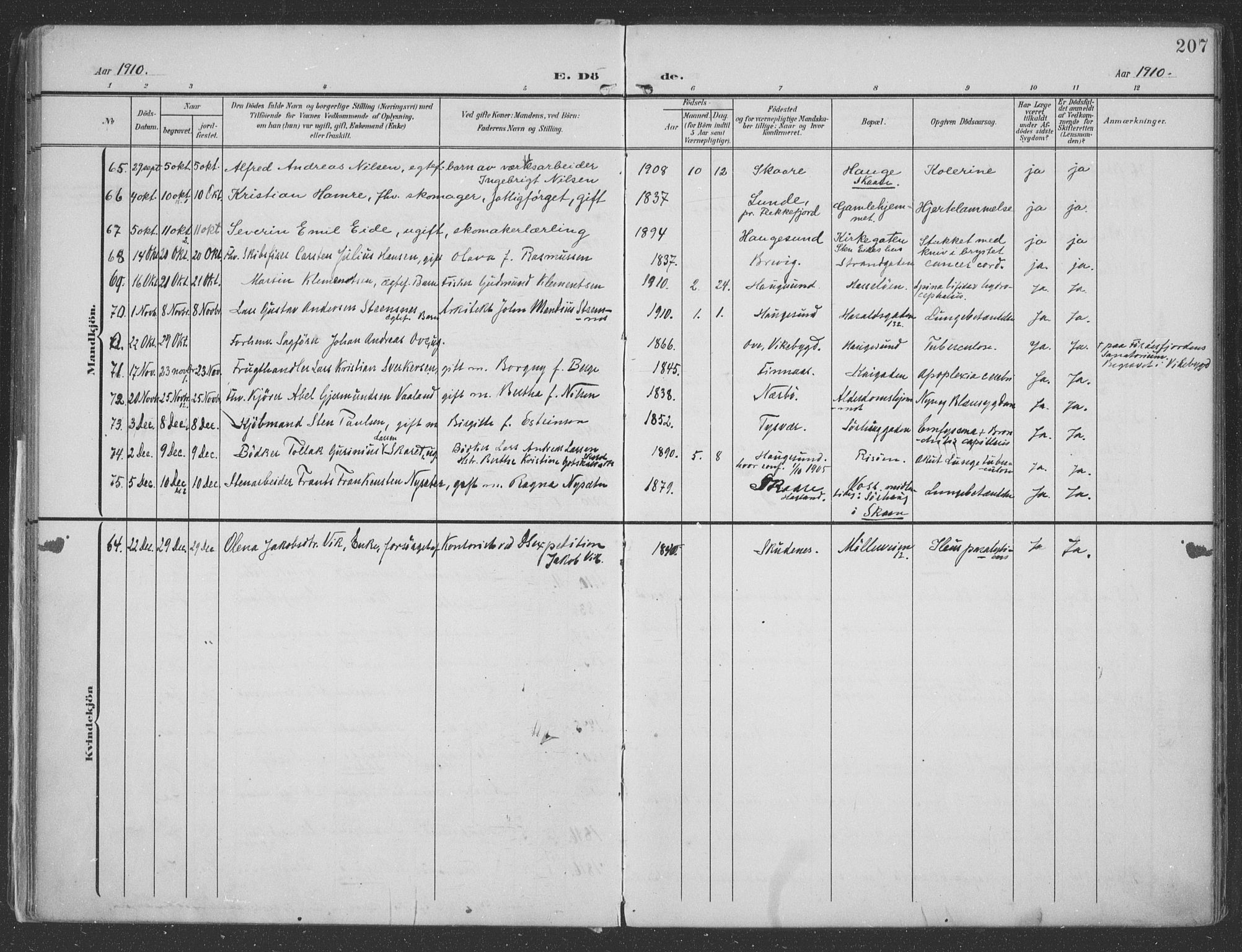 Haugesund sokneprestkontor, AV/SAST-A -101863/H/Ha/Haa/L0007: Parish register (official) no. A 7, 1904-1916, p. 207