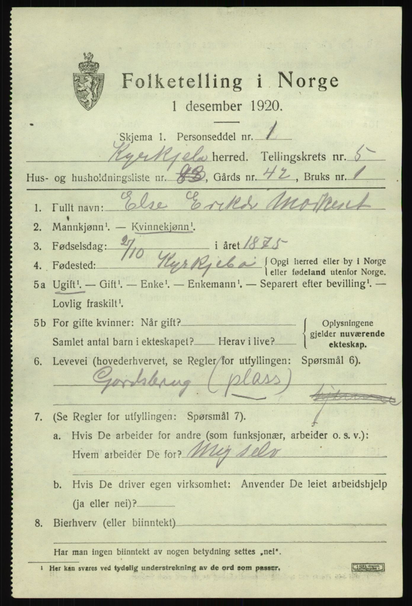 SAB, 1920 census for Kyrkjebø, 1920, p. 2907