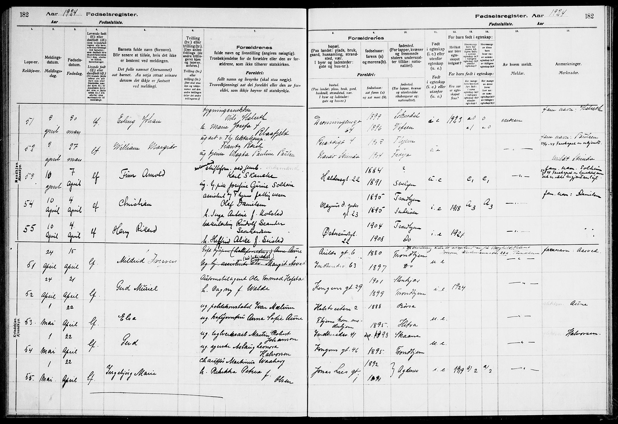 Ministerialprotokoller, klokkerbøker og fødselsregistre - Sør-Trøndelag, SAT/A-1456/600/L0003: Birth register no. 600.II.4.2, 1920-1924, p. 182