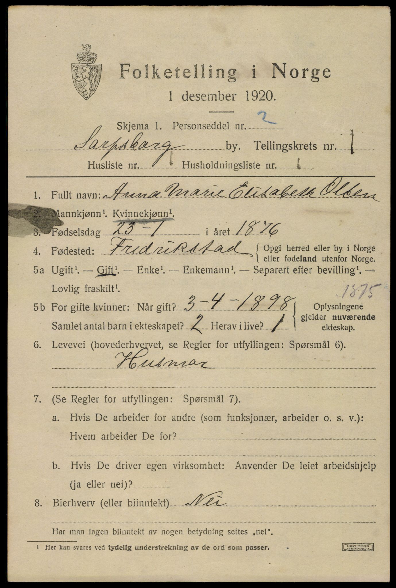 SAO, 1920 census for Sarpsborg, 1920, p. 7298