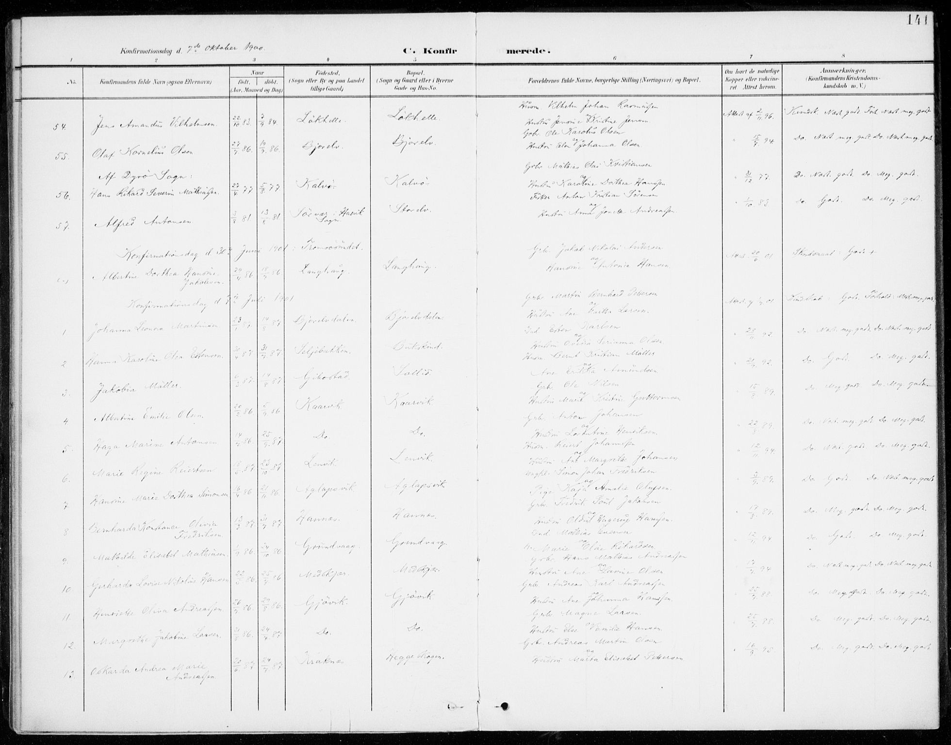 Lenvik sokneprestembete, AV/SATØ-S-1310/H/Ha/Haa/L0014kirke: Parish register (official) no. 14, 1899-1909, p. 141