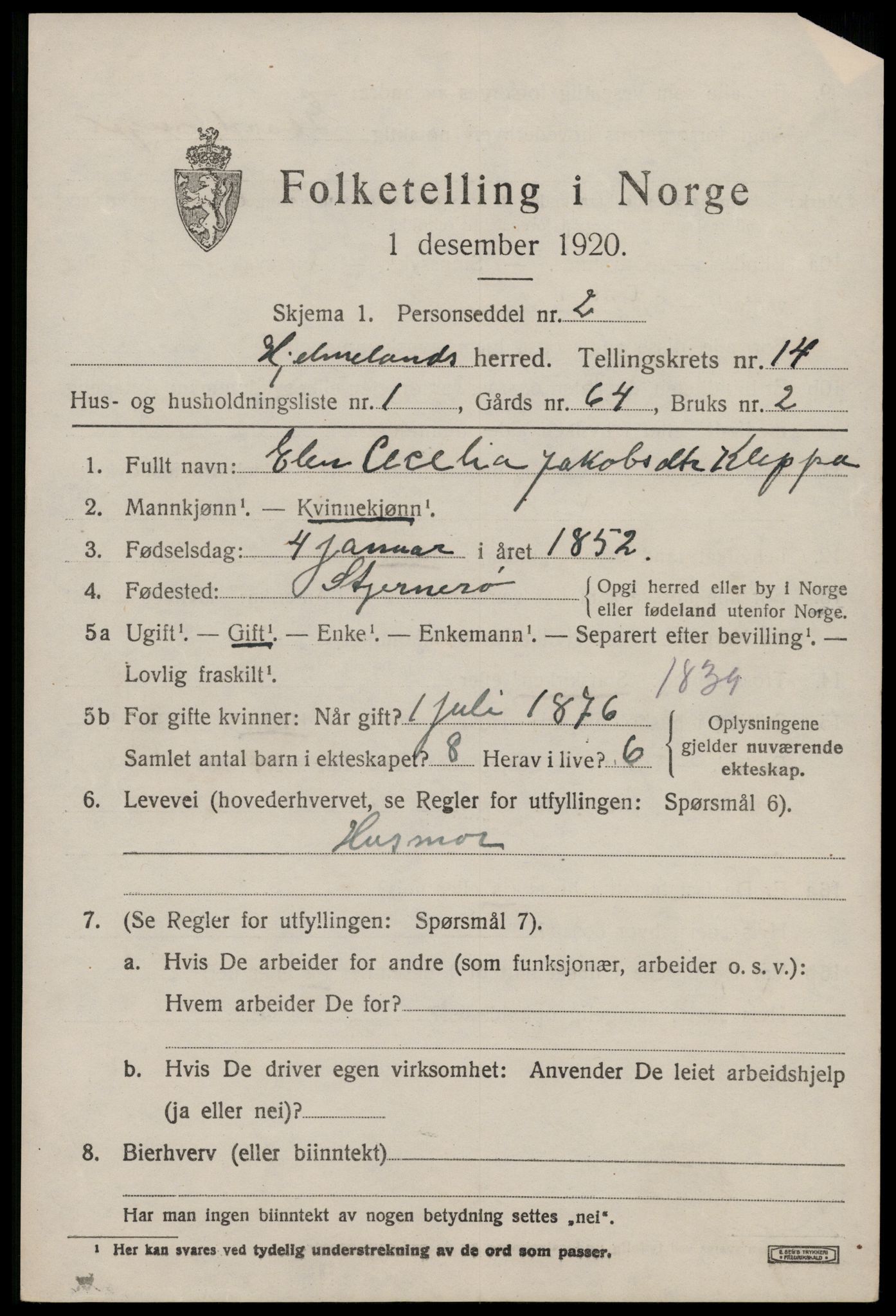 SAST, 1920 census for Hjelmeland, 1920, p. 4421