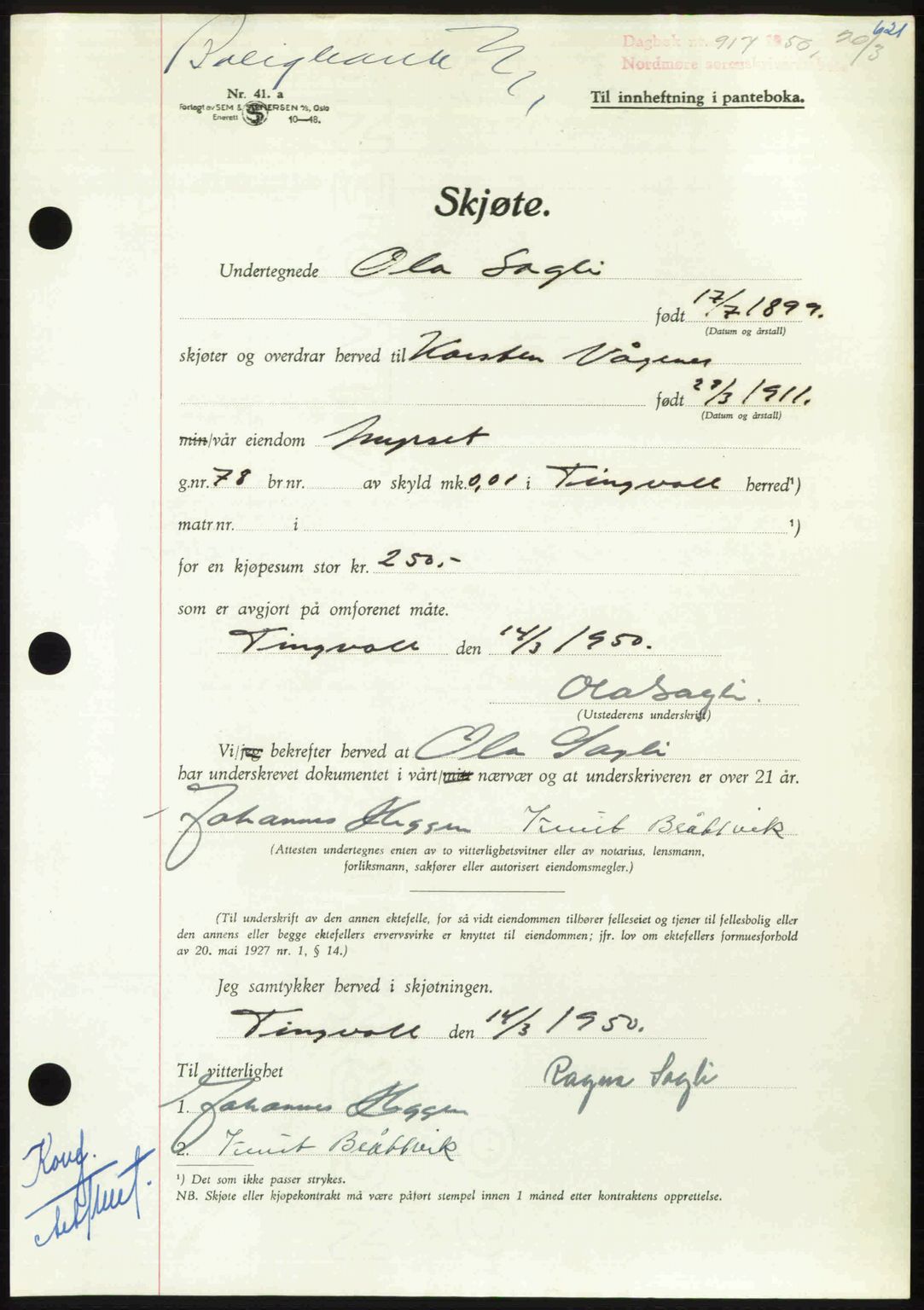 Nordmøre sorenskriveri, AV/SAT-A-4132/1/2/2Ca: Mortgage book no. A114, 1950-1950, Diary no: : 917/1950