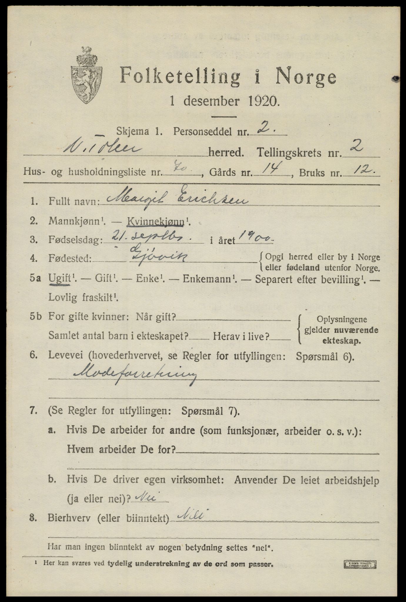 SAH, 1920 census for Vestre Toten, 1920, p. 4326