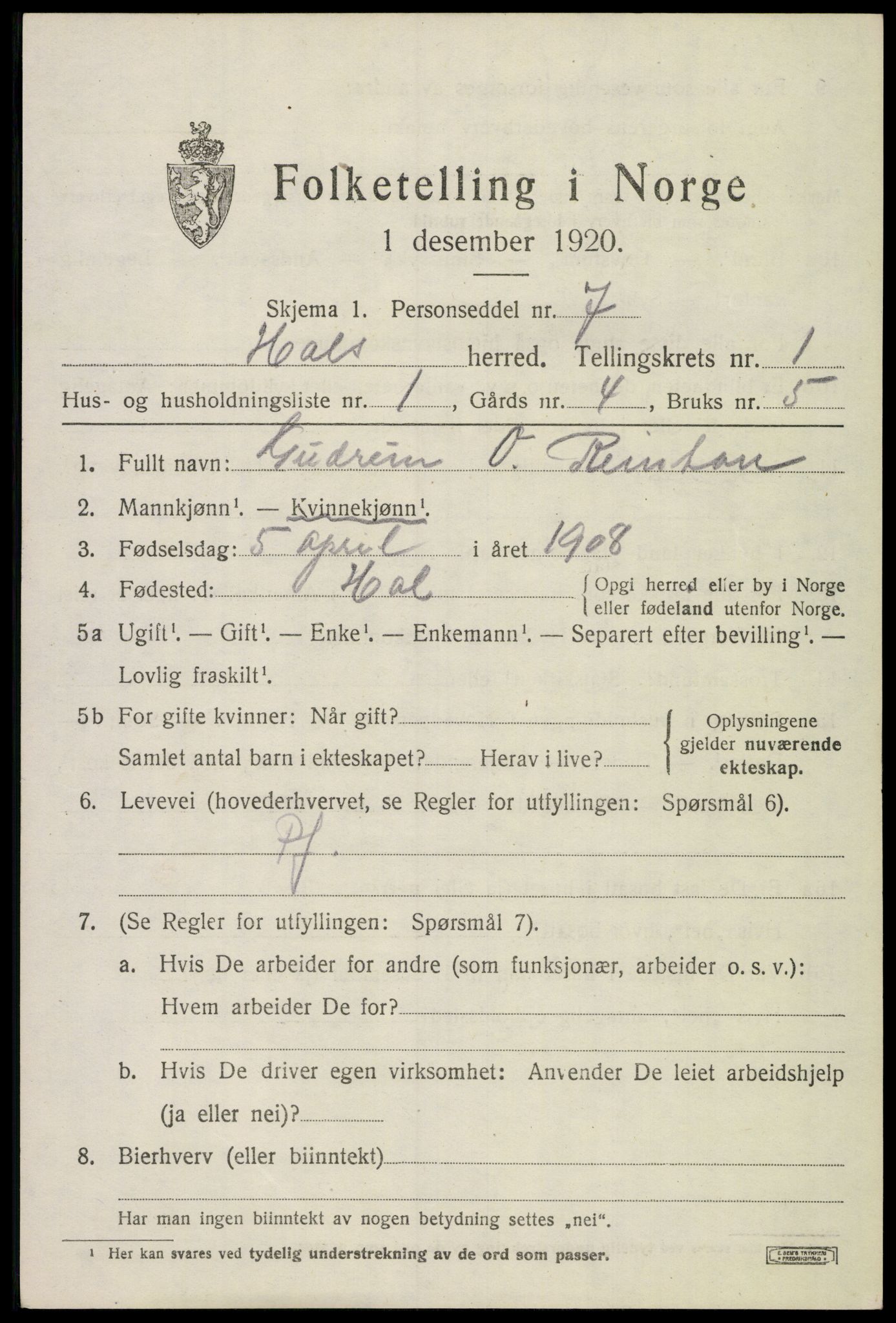 SAKO, 1920 census for Hol (Buskerud), 1920, p. 859