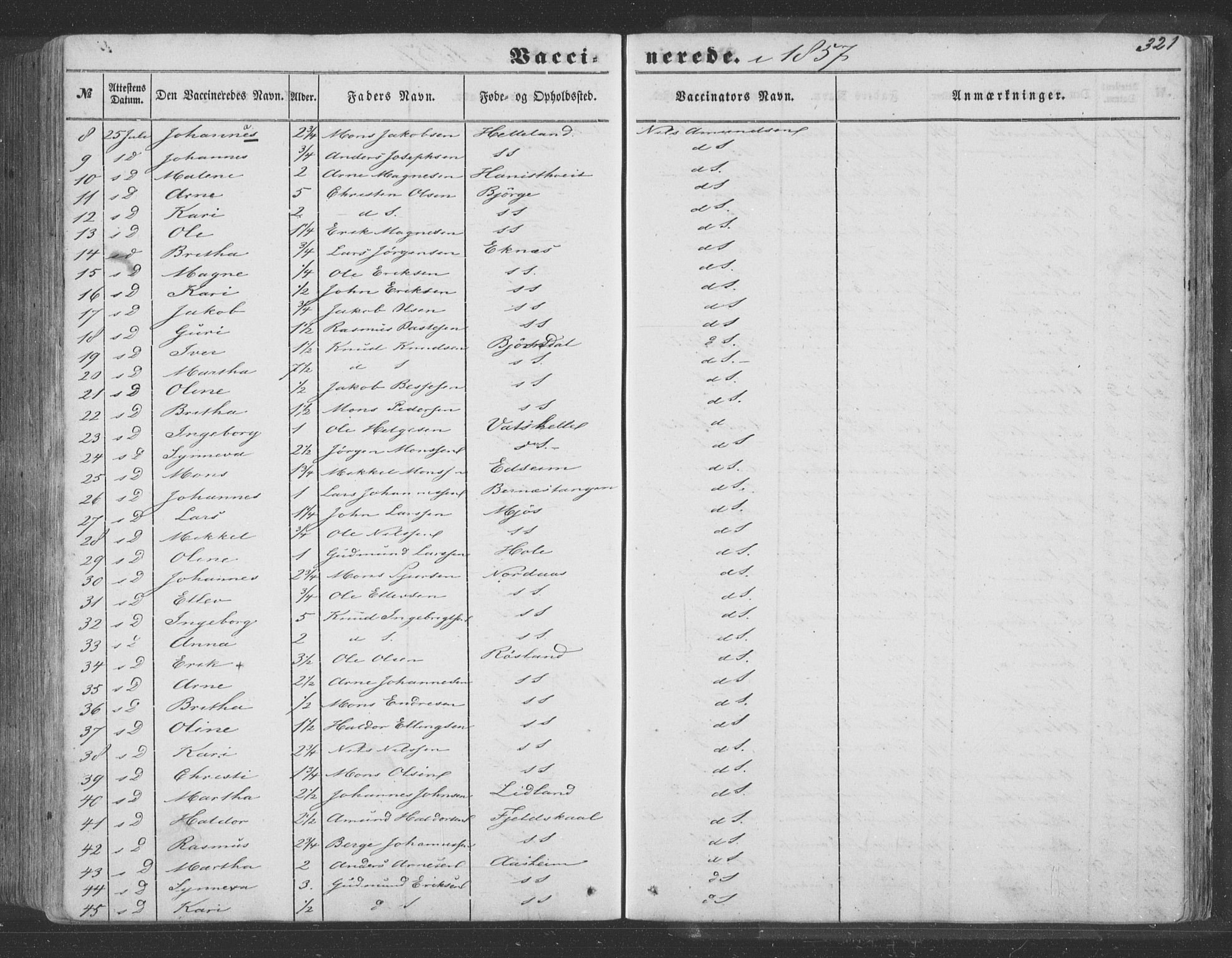 Hosanger sokneprestembete, AV/SAB-A-75801/H/Haa: Parish register (official) no. A 8, 1849-1863, p. 321