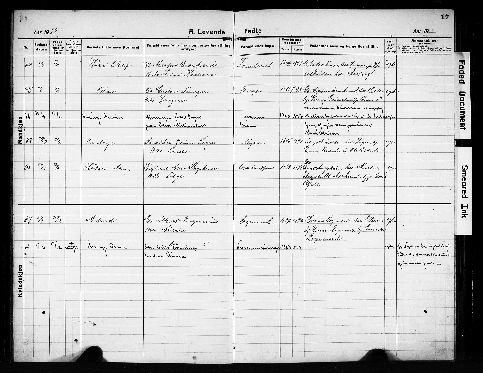 Våler prestekontor, Hedmark, AV/SAH-PREST-040/H/Ha/Hab/L0004: Parish register (copy) no. 4, 1922-1931, p. 17