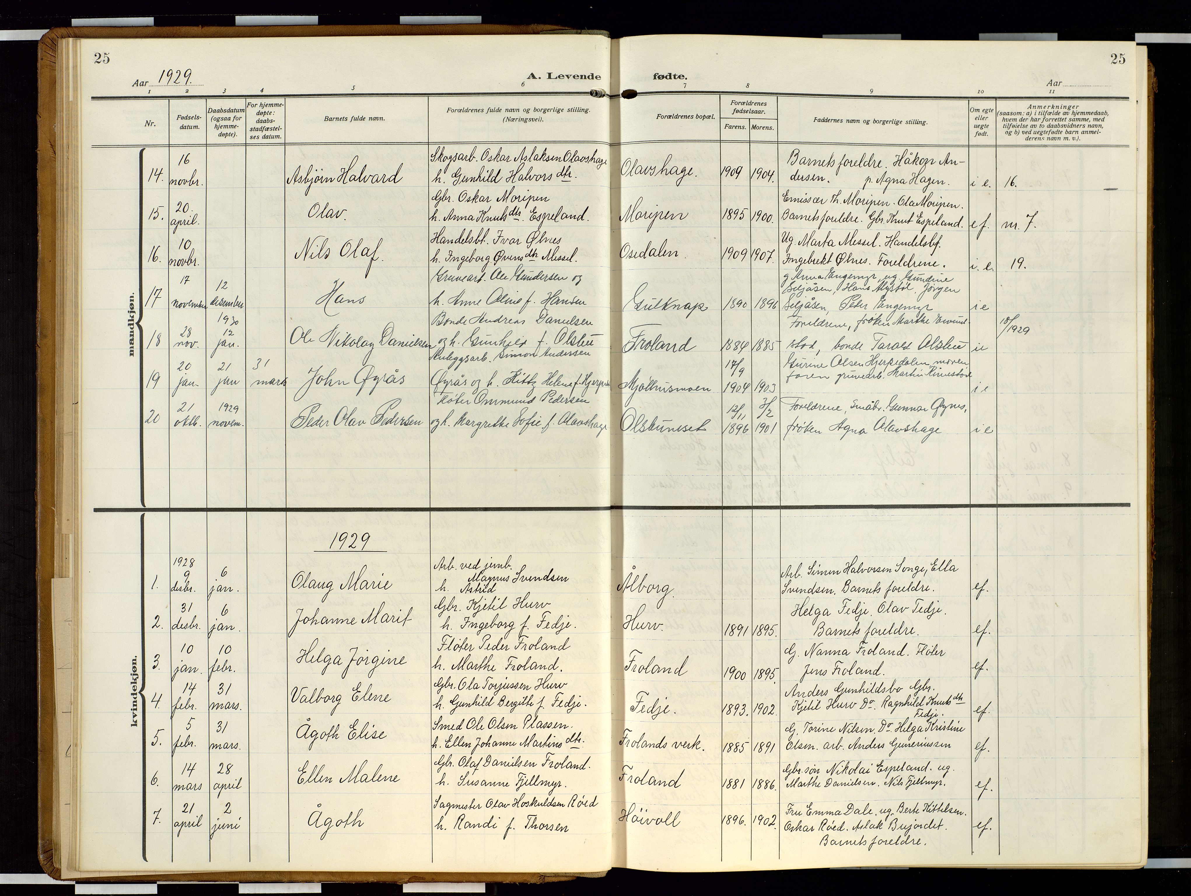 Froland sokneprestkontor, SAK/1111-0013/F/Fb/L0011: Parish register (copy) no. B 11, 1921-1947, p. 25