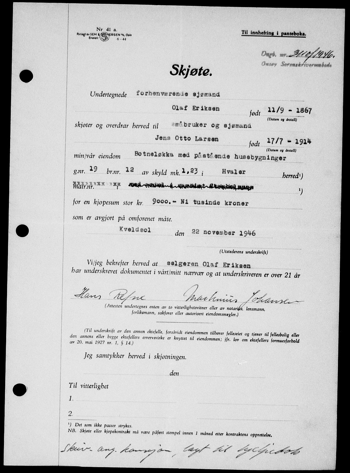 Onsøy sorenskriveri, SAO/A-10474/G/Ga/Gab/L0018: Mortgage book no. II A-18, 1946-1947, Diary no: : 3110/1946