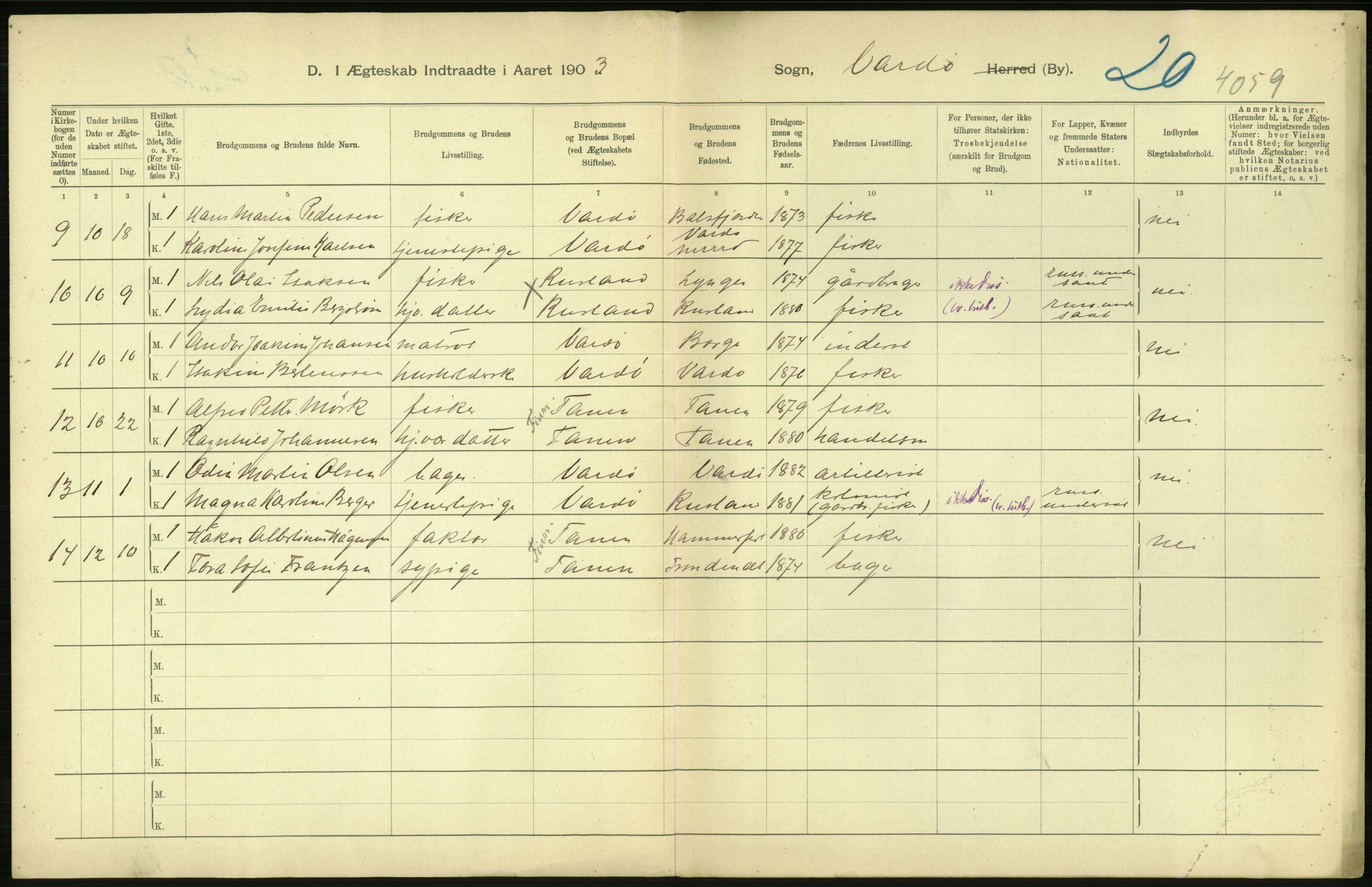 Statistisk sentralbyrå, Sosiodemografiske emner, Befolkning, AV/RA-S-2228/D/Df/Dfa/Dfaa/L0022: Finnmarkens amt: Fødte, gifte, døde., 1903, p. 198