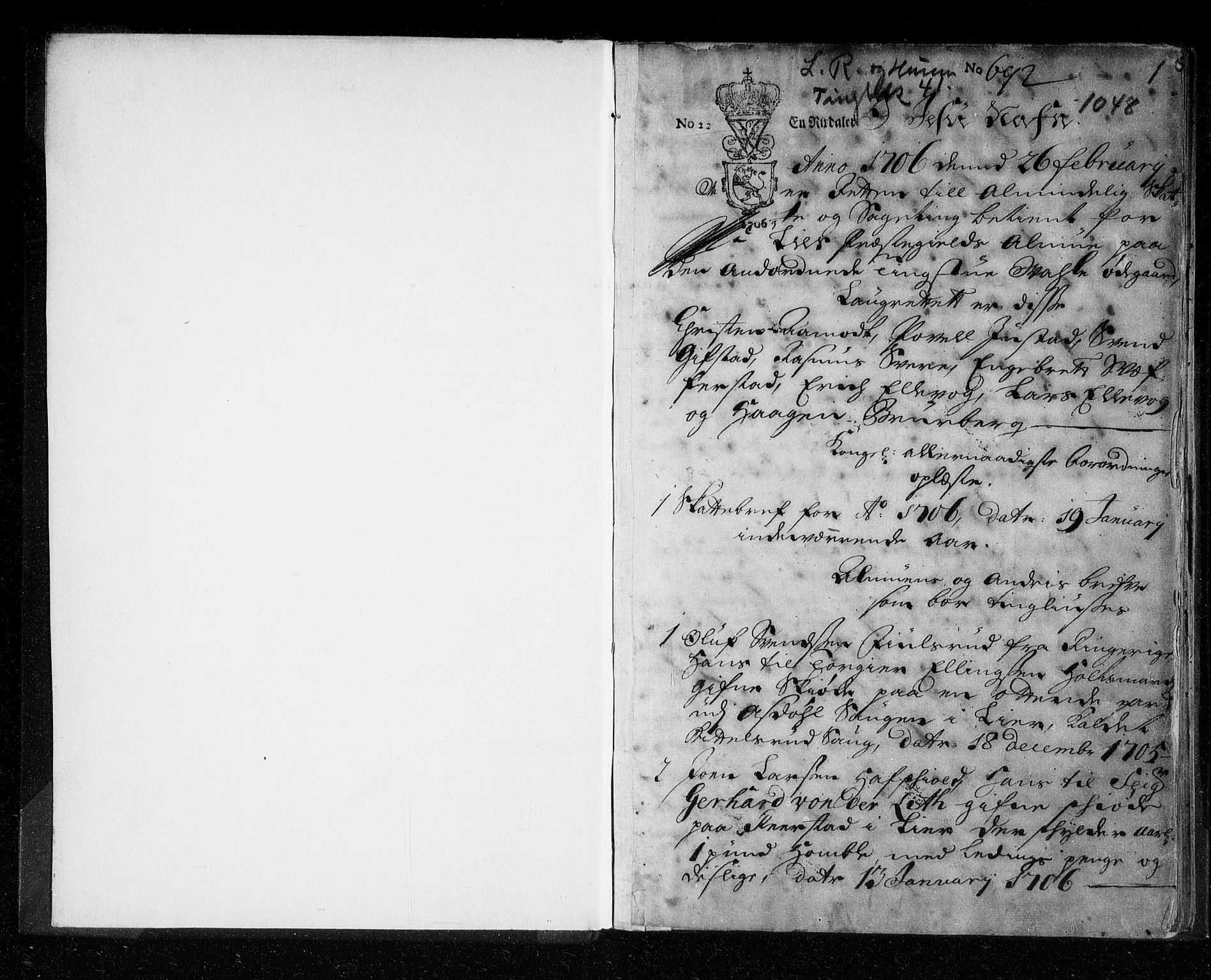 Lier, Røyken og Hurum sorenskriveri, SAKO/A-89/F/Fa/L0041: Tingbok, 1706-1707, p. 1
