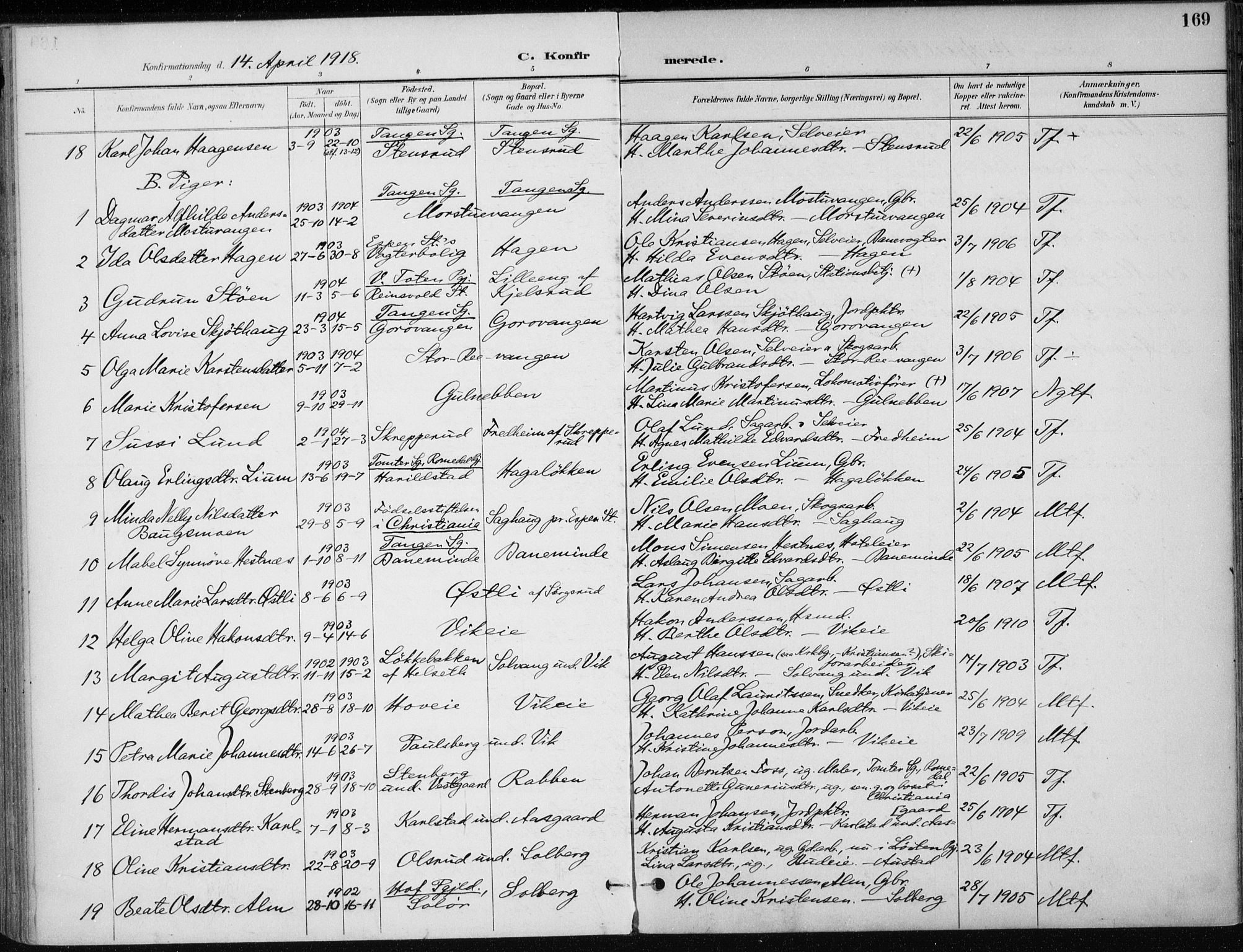 Stange prestekontor, AV/SAH-PREST-002/K/L0023: Parish register (official) no. 23, 1897-1920, p. 169