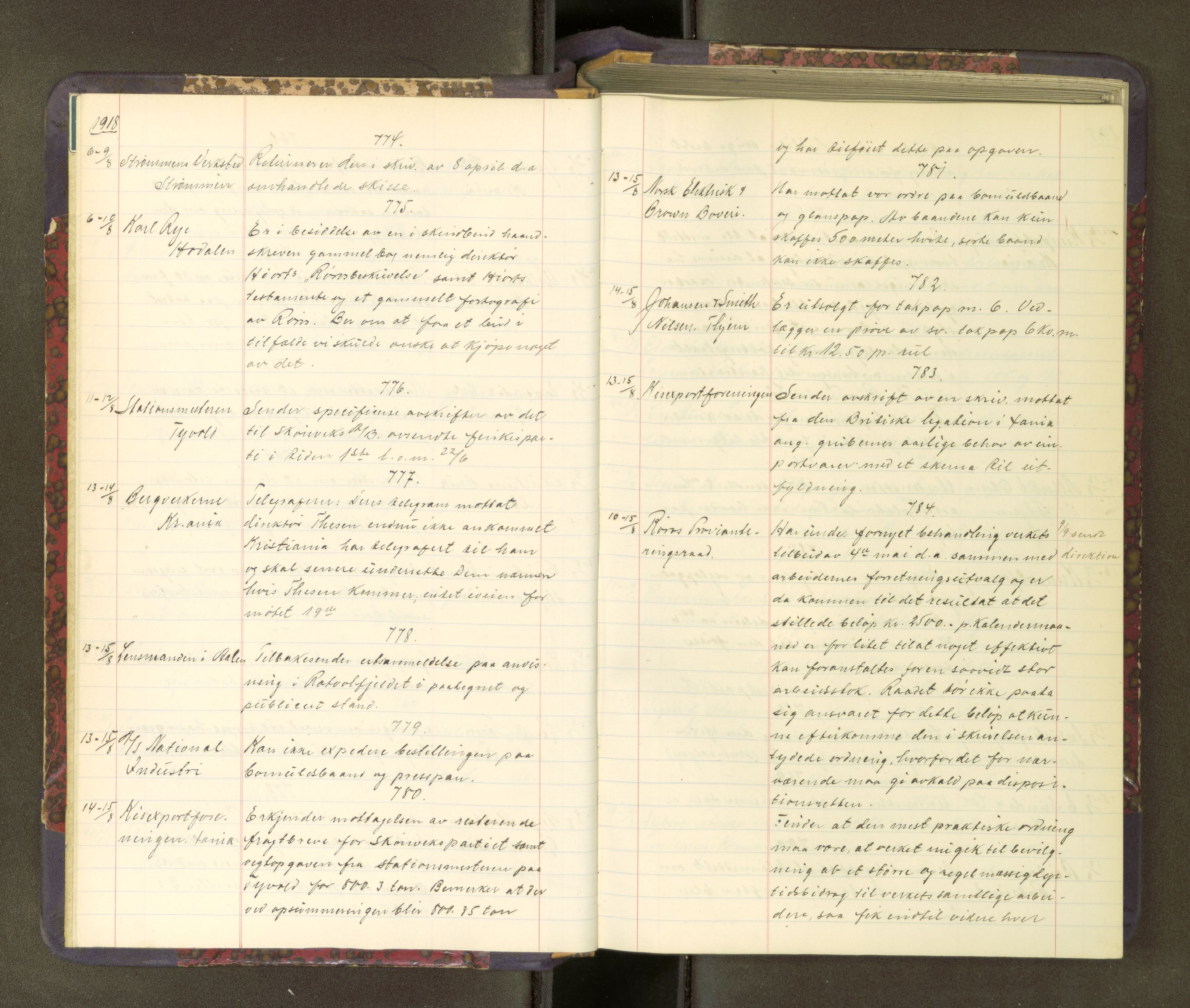 Røros kobberverk, SAT/PA-0211/1/38/L0075: 2.23 Direktørens journal, 1918-1924