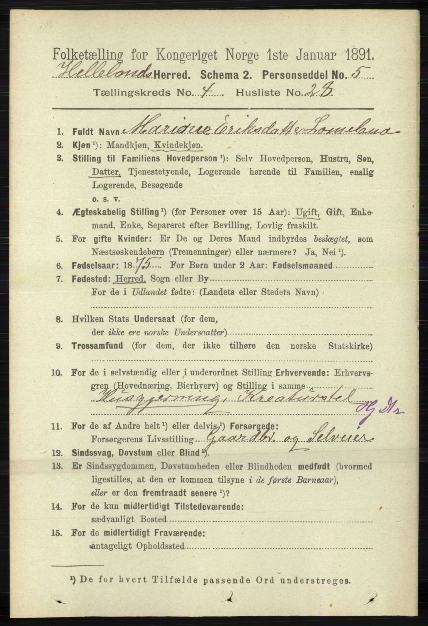 RA, 1891 census for 1115 Helleland, 1891, p. 1330