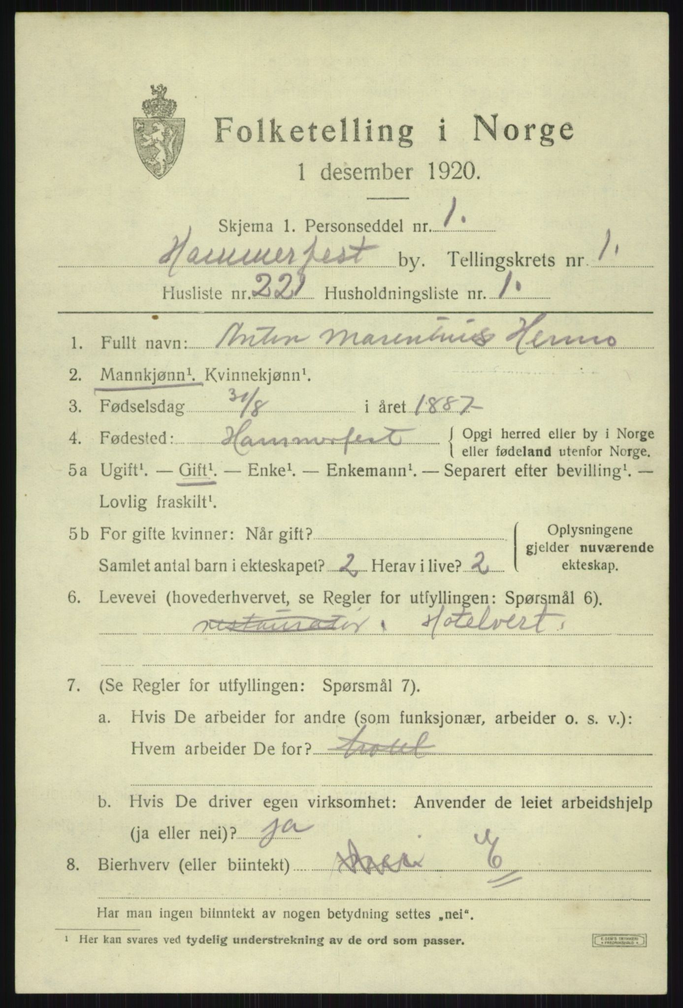 SATØ, 1920 census for Hammerfest, 1920, p. 5776