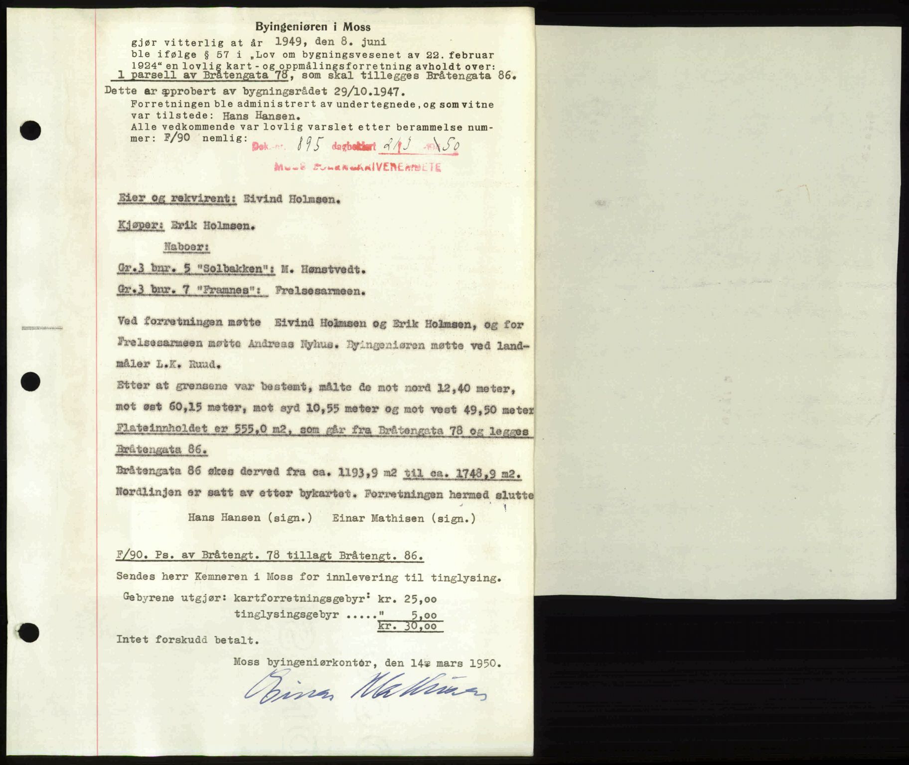 Moss sorenskriveri, SAO/A-10168: Mortgage book no. A25, 1950-1950, Diary no: : 895/1950