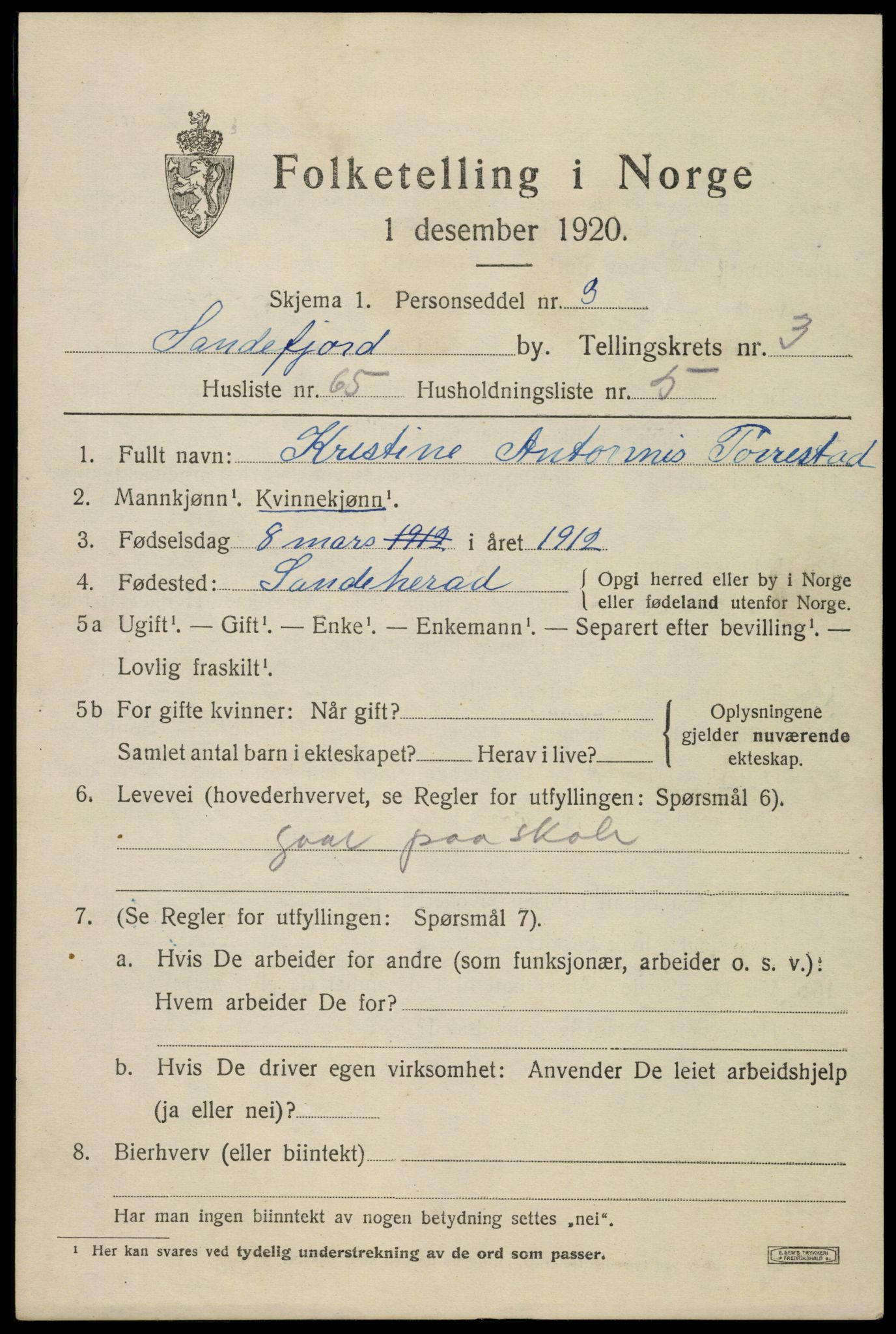 SAKO, 1920 census for Sandefjord, 1920, p. 7404