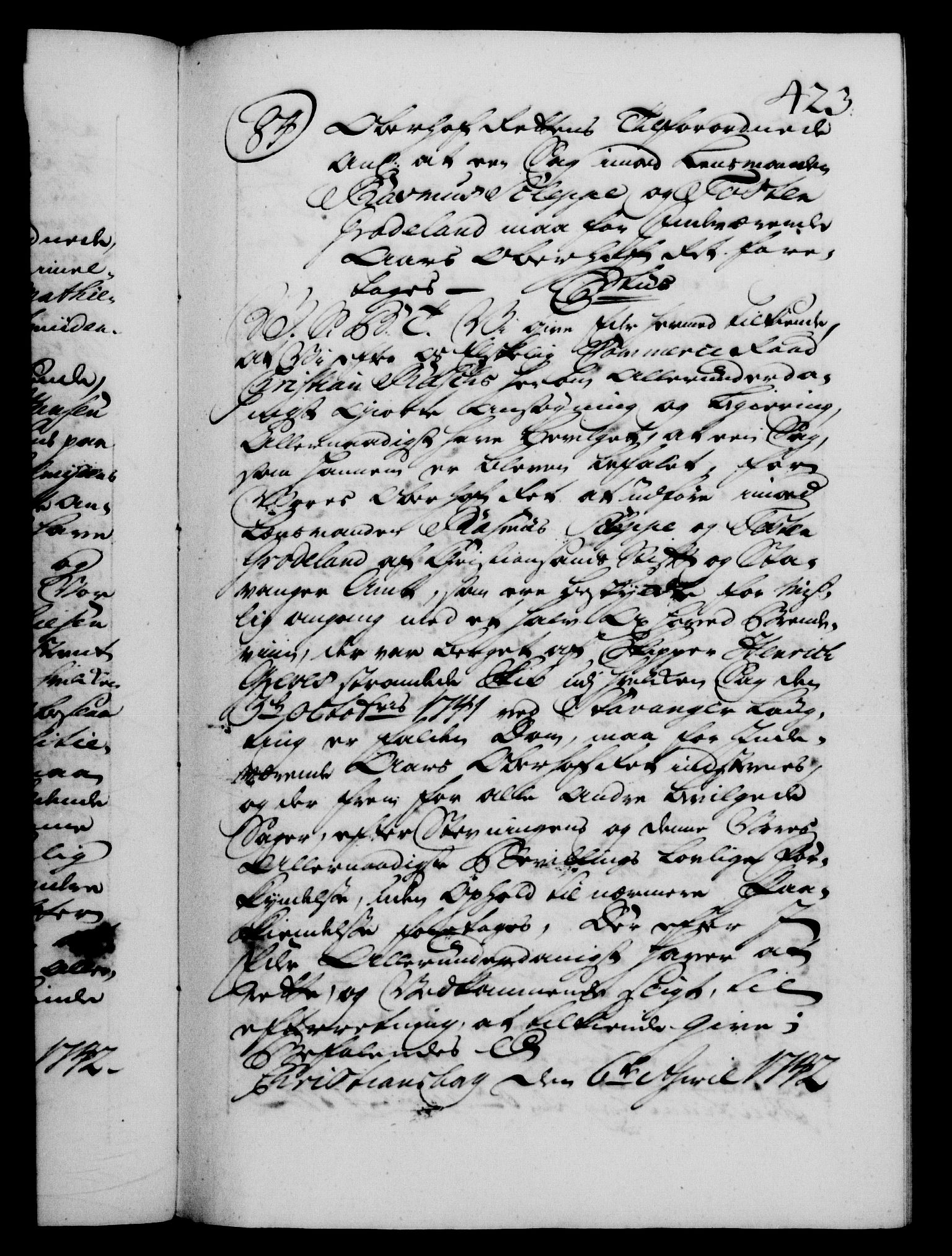 Danske Kanselli 1572-1799, AV/RA-EA-3023/F/Fc/Fca/Fcab/L0029: Norske tegnelser, 1741-1743, p. 423a