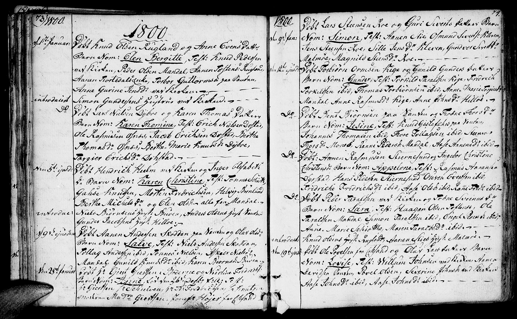 Mandal sokneprestkontor, SAK/1111-0030/F/Fa/Faa/L0008: Parish register (official) no. A 8, 1794-1817, p. 73-74