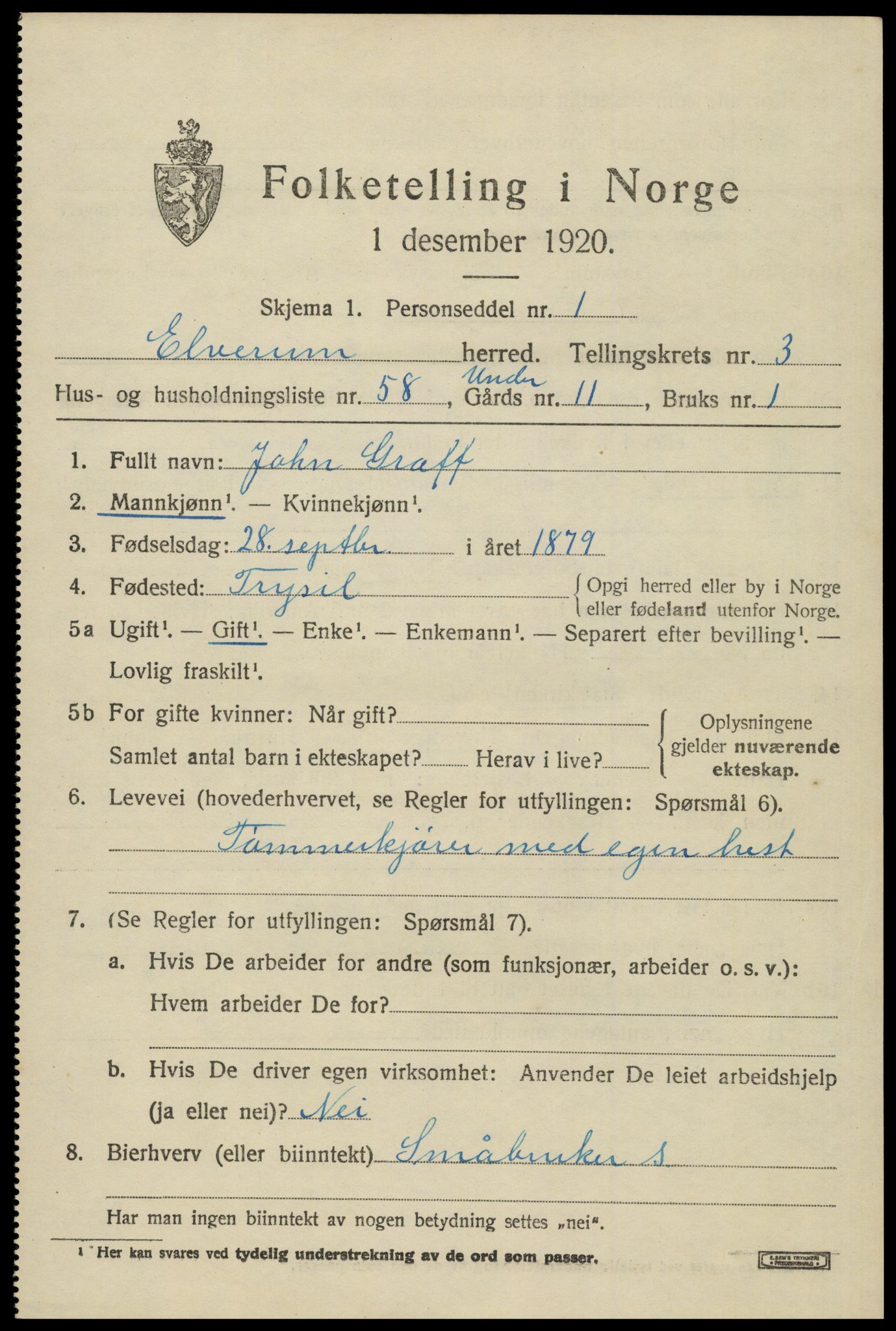 SAH, 1920 census for Elverum, 1920, p. 6636