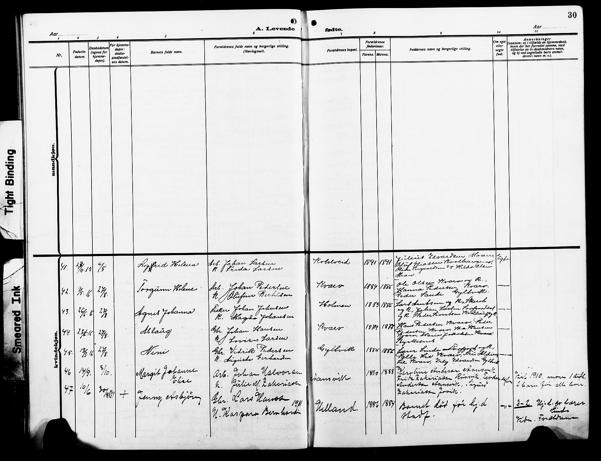 Ministerialprotokoller, klokkerbøker og fødselsregistre - Nordland, AV/SAT-A-1459/854/L0787: Parish register (copy) no. 854C03, 1913-1926, p. 30