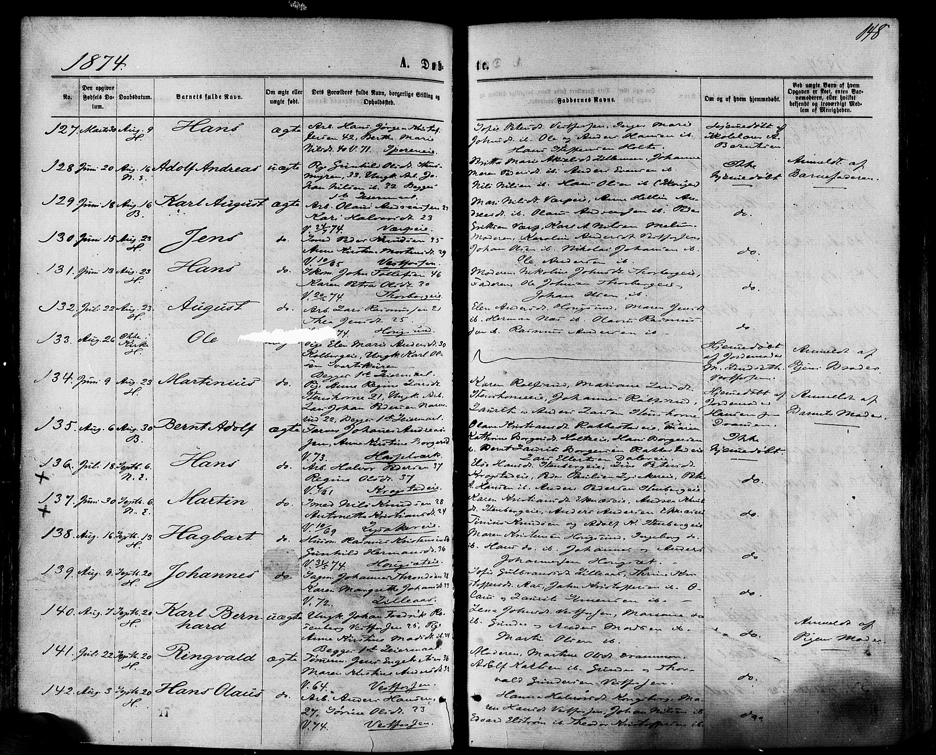 Eiker kirkebøker, SAKO/A-4/F/Fa/L0017: Parish register (official) no. I 17, 1869-1877, p. 148
