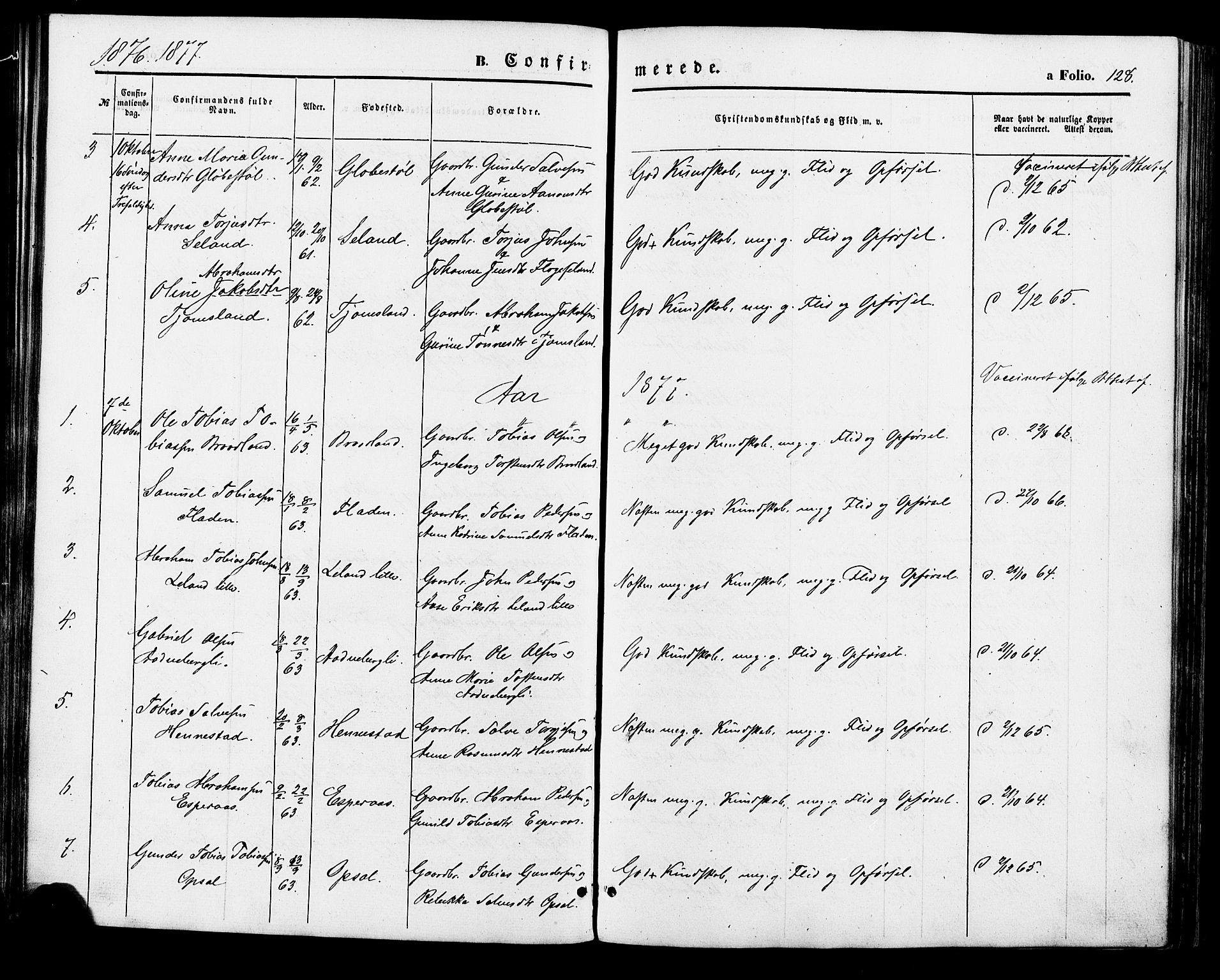 Nord-Audnedal sokneprestkontor, SAK/1111-0032/F/Fa/Fab/L0002: Parish register (official) no. A 2, 1859-1882, p. 128