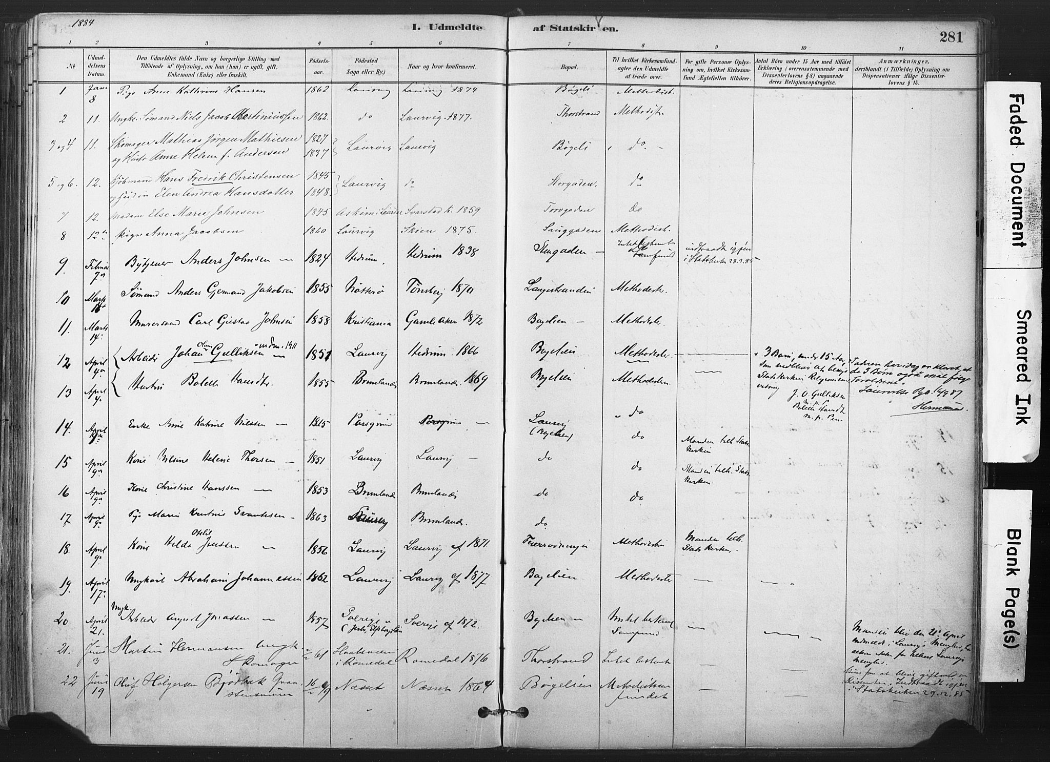 Larvik kirkebøker, AV/SAKO-A-352/F/Fa/L0010: Parish register (official) no. I 10, 1884-1910, p. 281