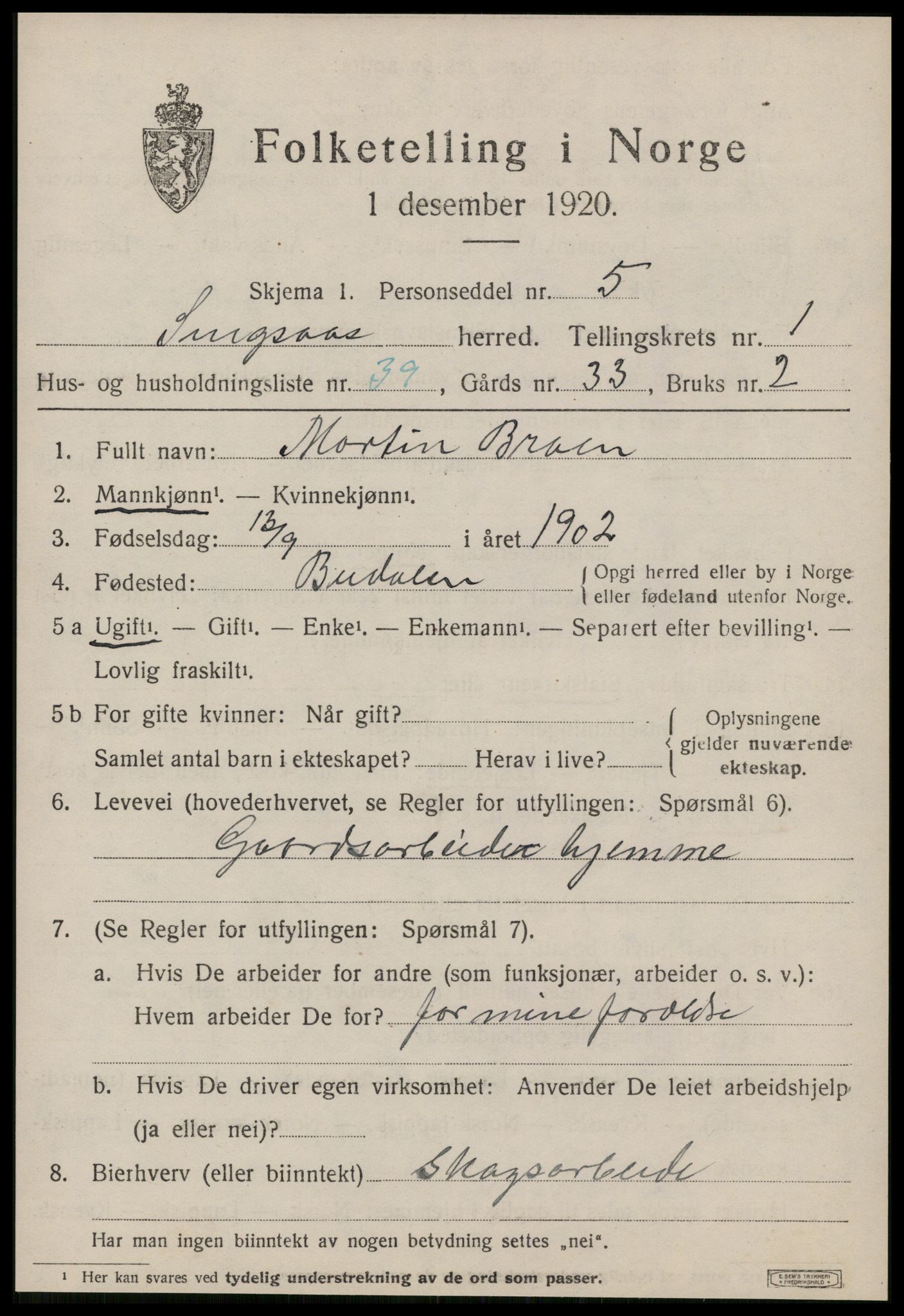 SAT, 1920 census for Singsås, 1920, p. 1115