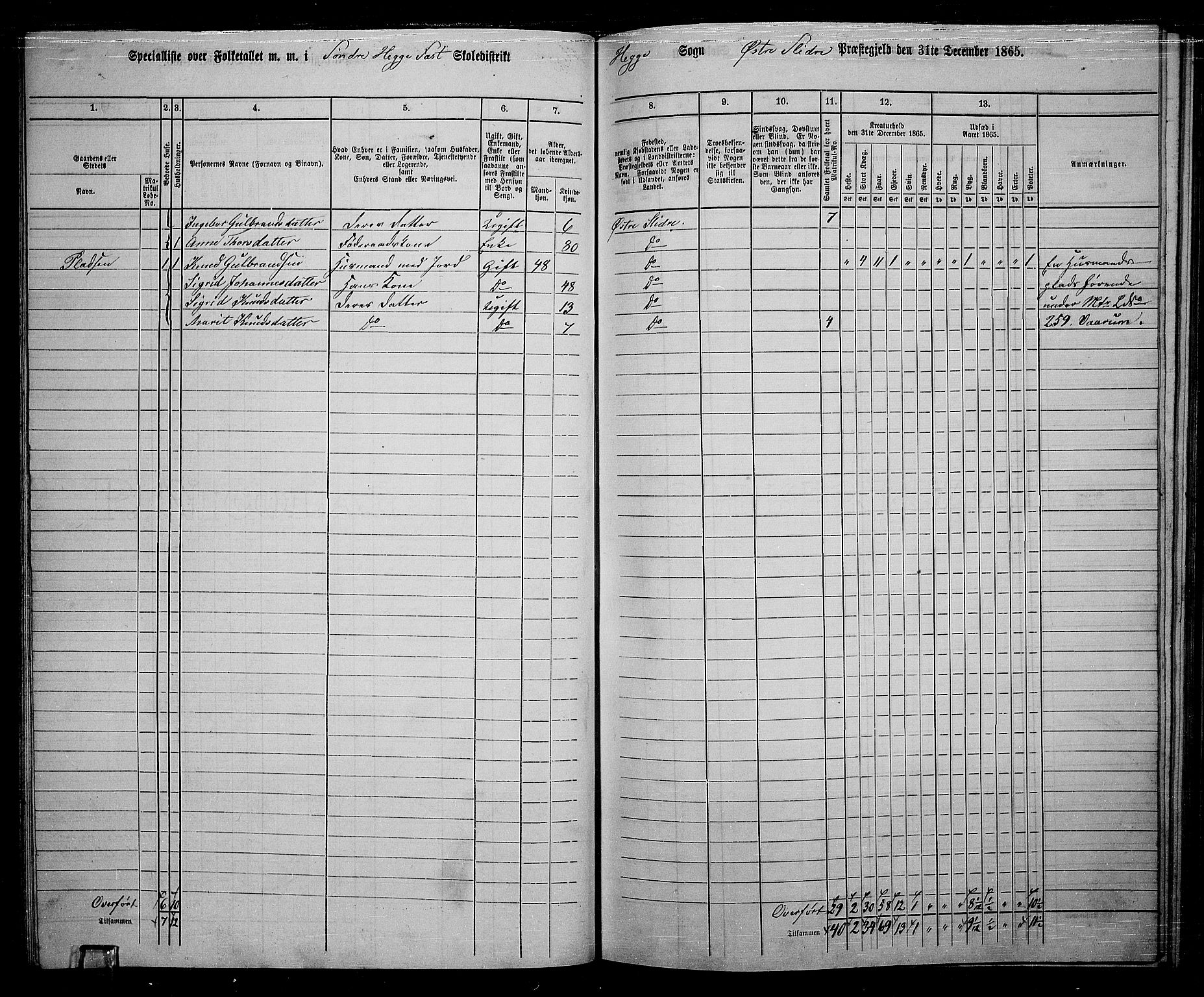 RA, 1865 census for Øystre Slidre, 1865, p. 61