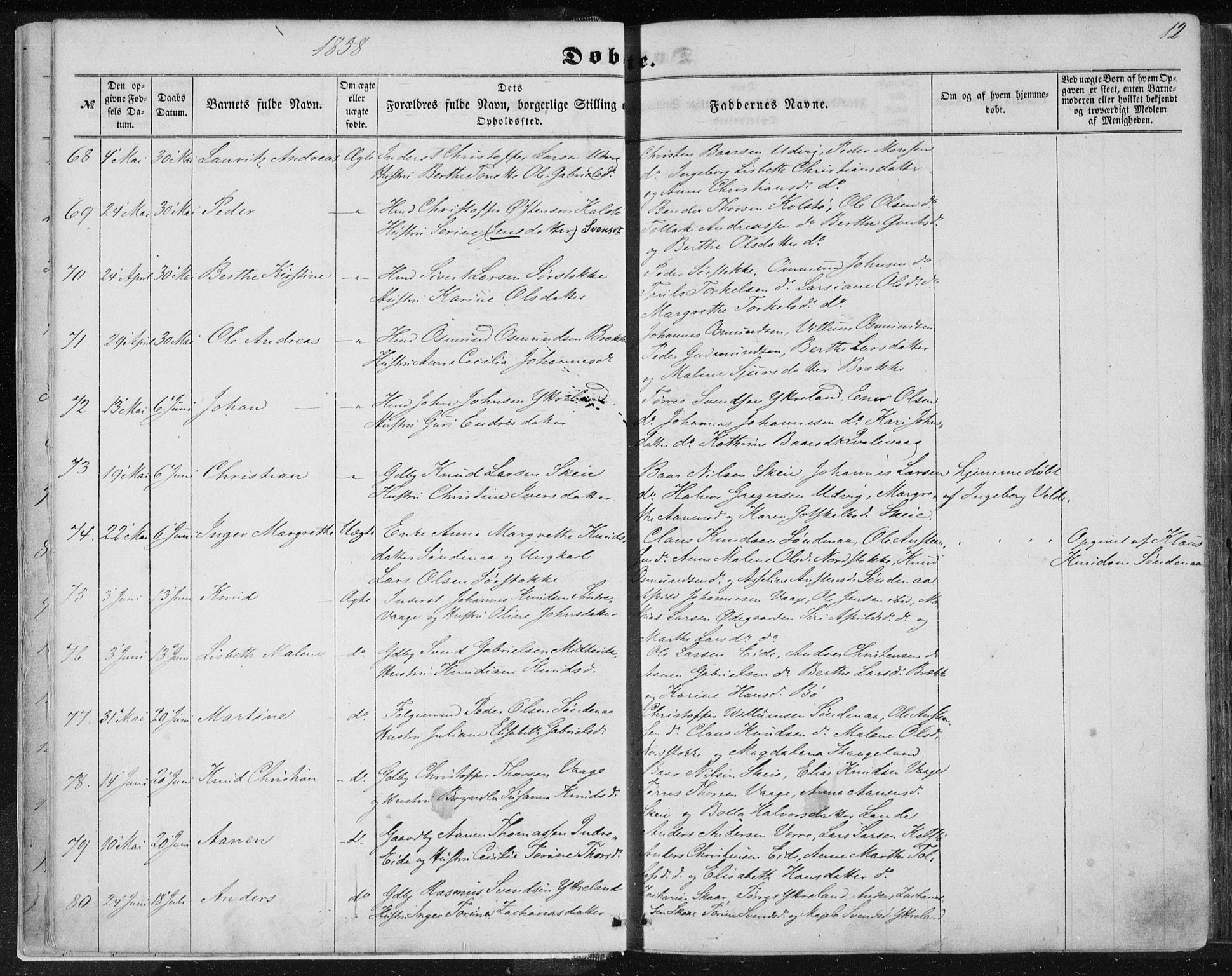 Avaldsnes sokneprestkontor, AV/SAST-A -101851/H/Ha/Haa/L0010: Parish register (official) no. A 10, 1857-1876, p. 12