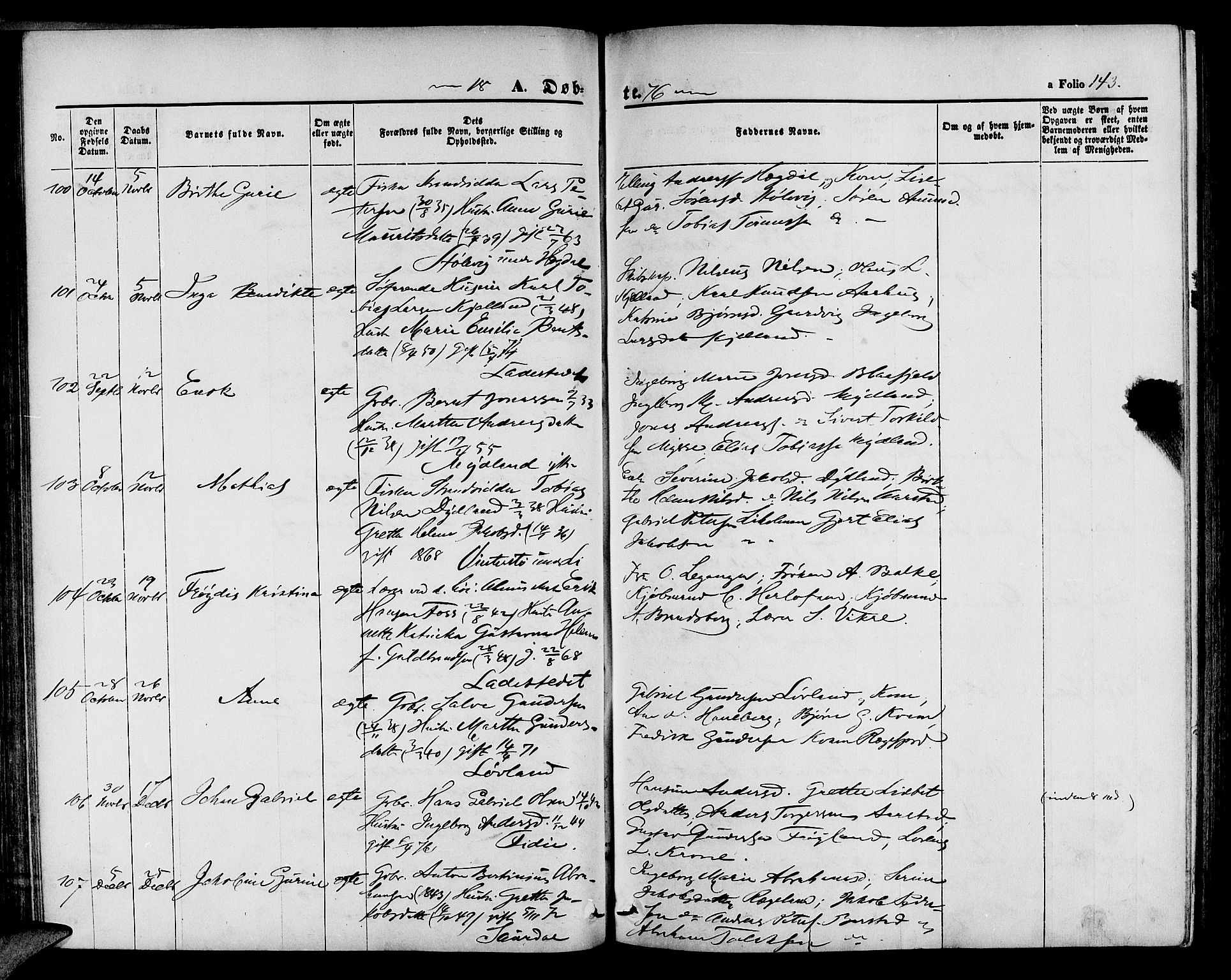 Sokndal sokneprestkontor, SAST/A-101808: Parish register (copy) no. B 3, 1865-1879, p. 143