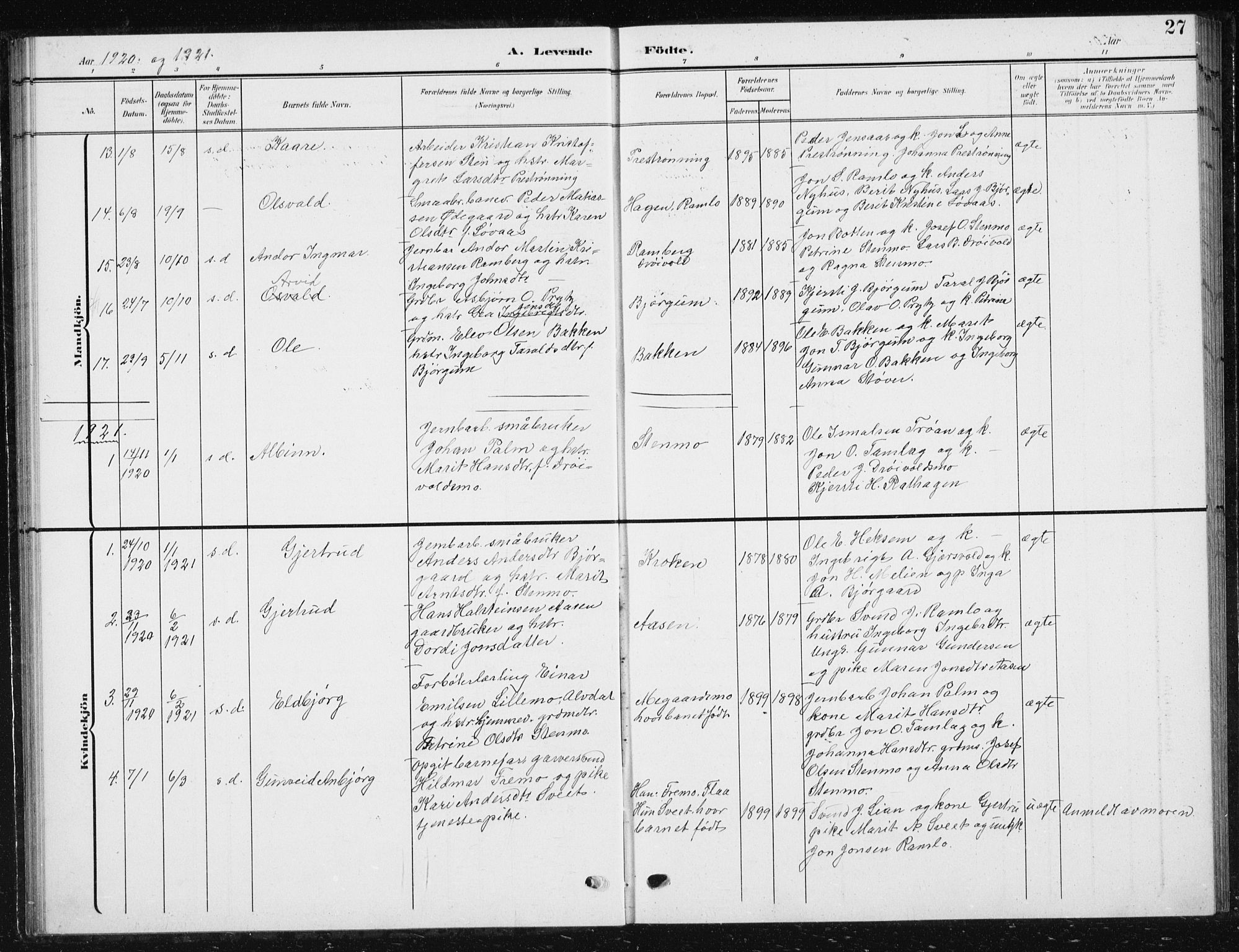 Ministerialprotokoller, klokkerbøker og fødselsregistre - Sør-Trøndelag, SAT/A-1456/685/L0979: Parish register (copy) no. 685C04, 1908-1933, p. 27