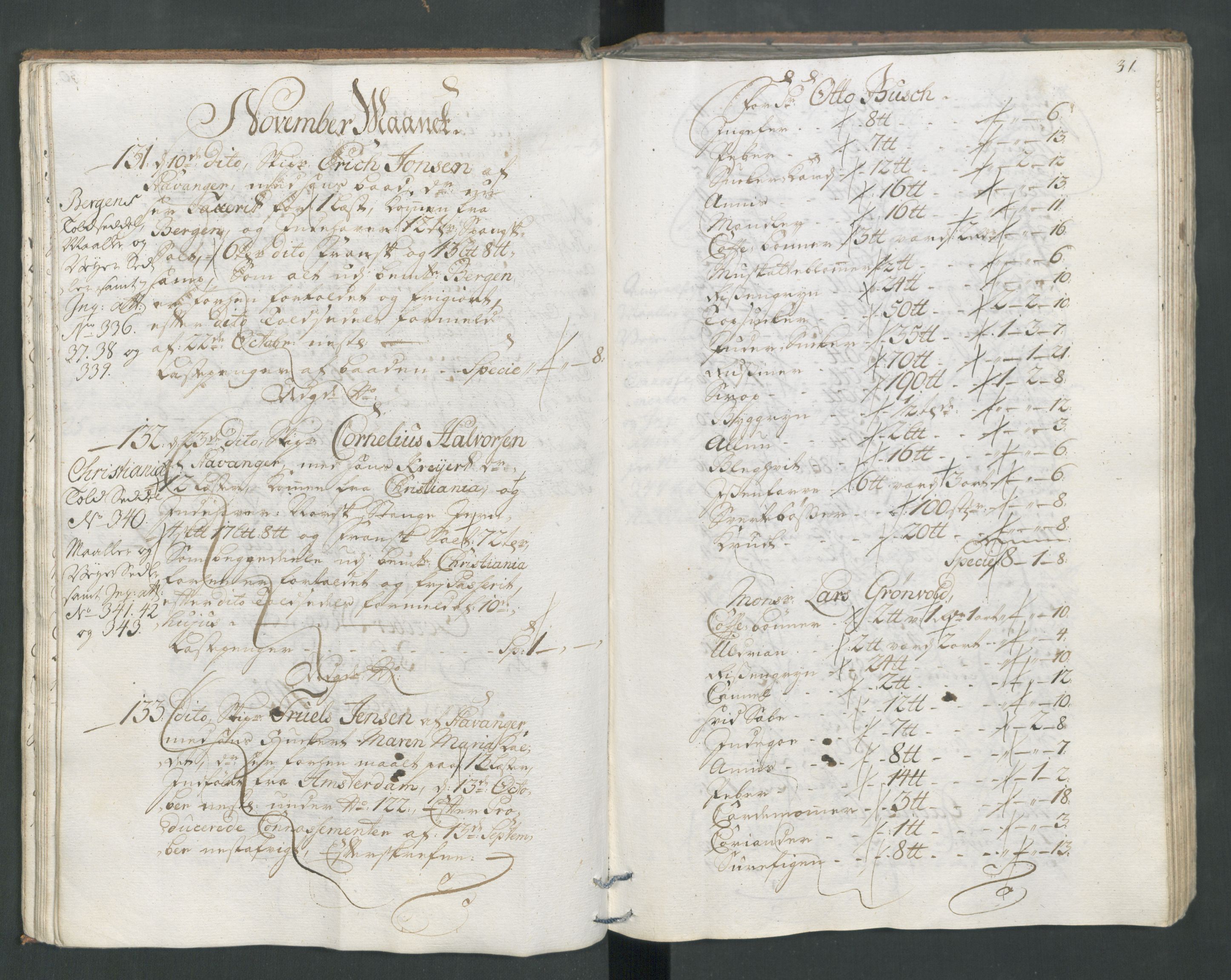 Generaltollkammeret, tollregnskaper, AV/RA-EA-5490/R22/L0011/0001: Tollregnskaper Stavanger / Hovedtollbok, 1731, p. 30b-31a