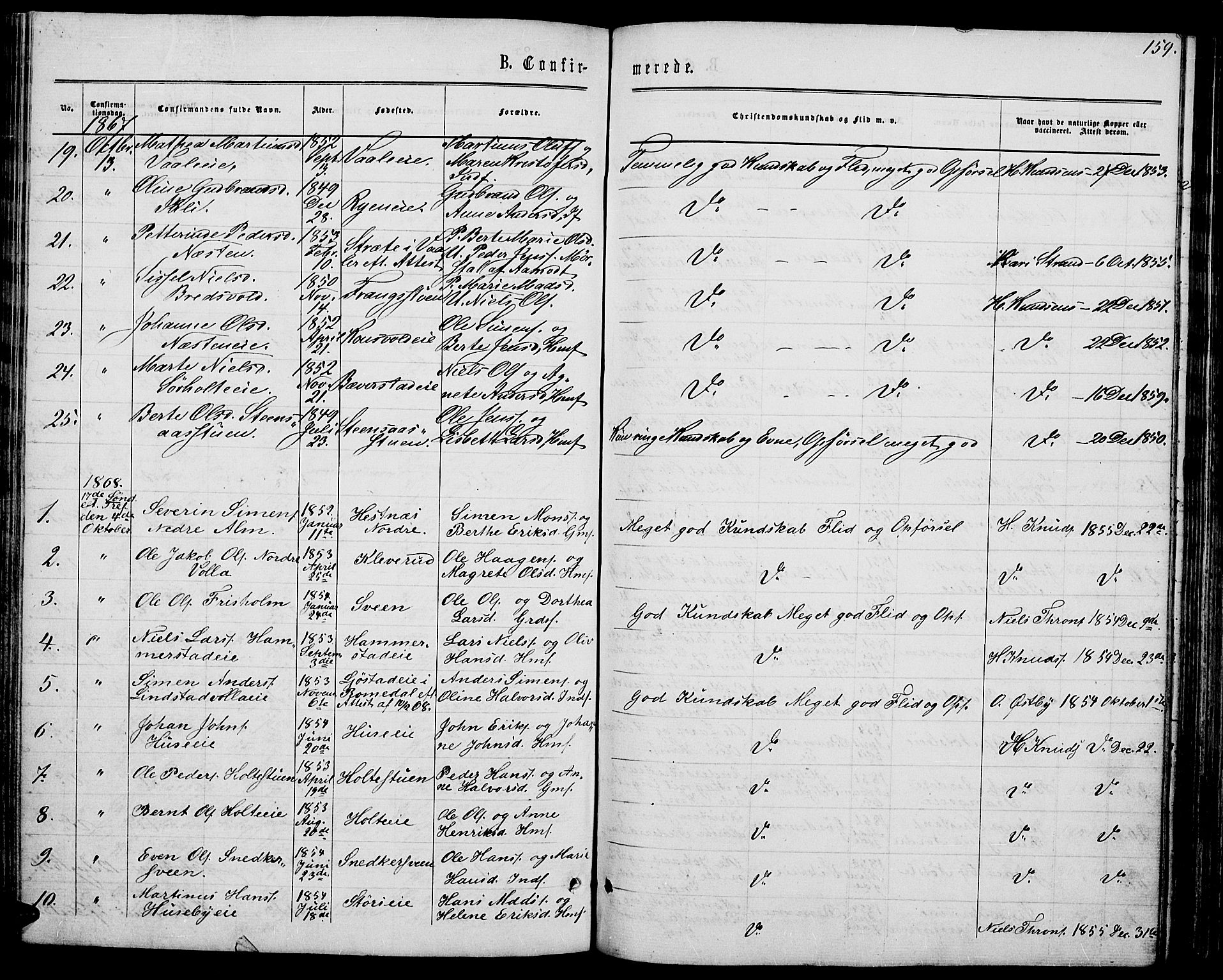 Stange prestekontor, SAH/PREST-002/L/L0006: Parish register (copy) no. 6, 1864-1882, p. 159