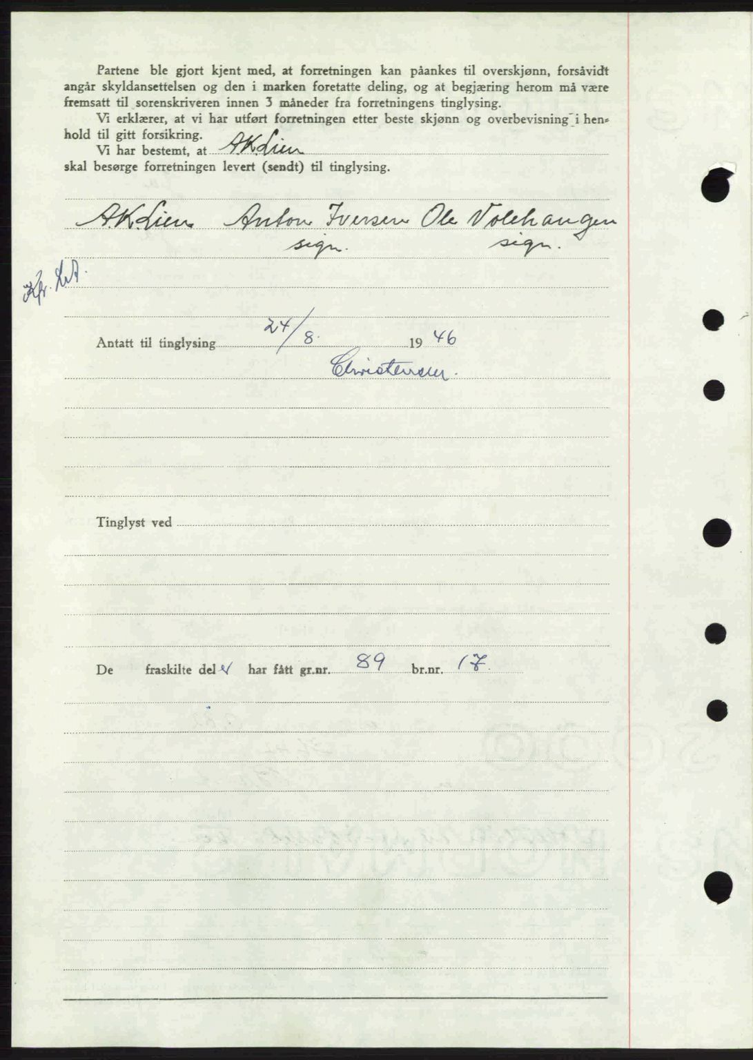 Sør-Gudbrandsdal tingrett, SAH/TING-004/H/Hb/Hbd/L0016: Mortgage book no. A16, 1946-1946, Diary no: : 950/1946