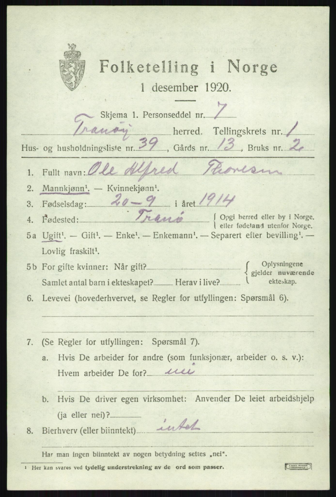 SATØ, 1920 census for Tranøy, 1920, p. 1151