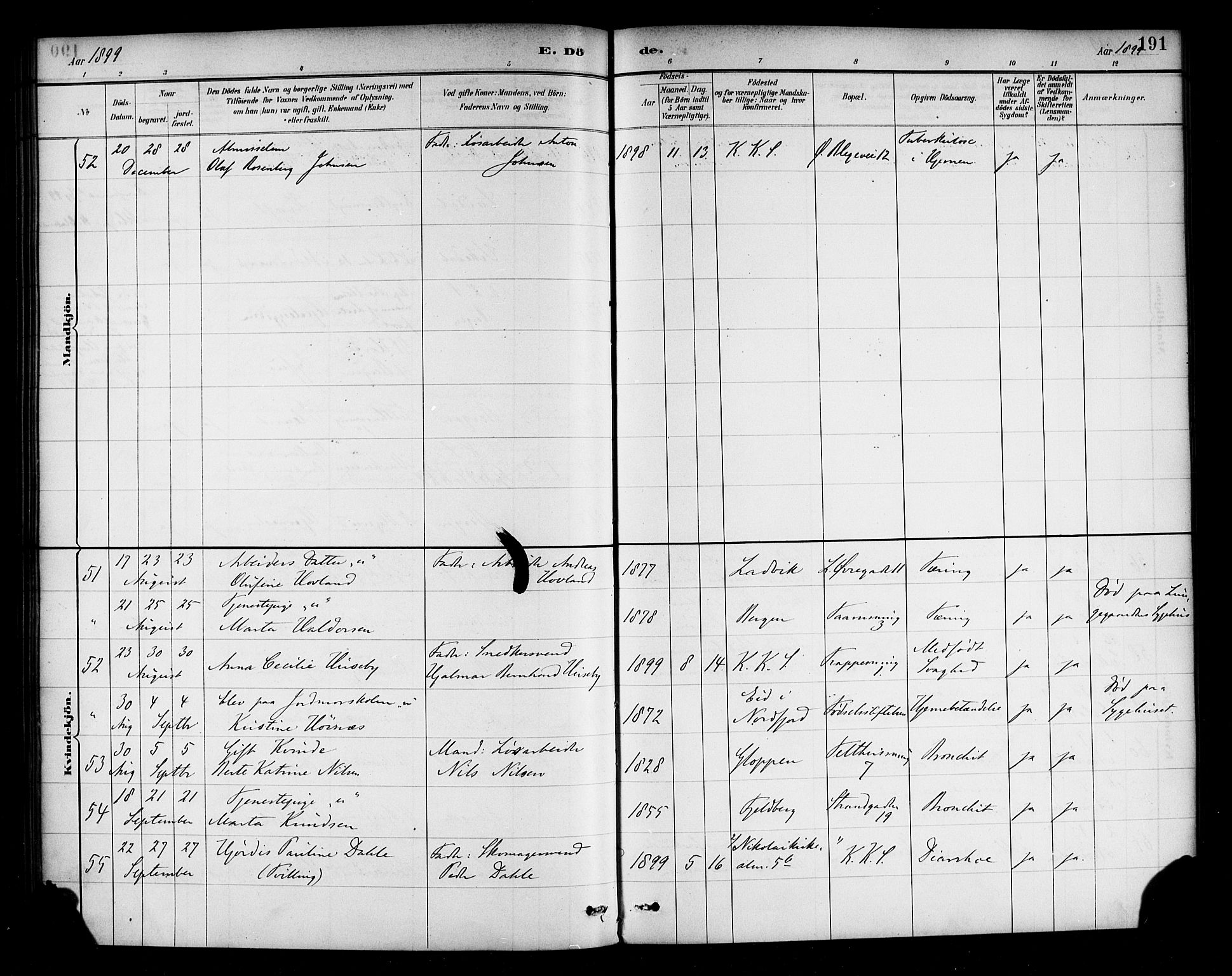 Korskirken sokneprestembete, SAB/A-76101/H/Haa/L0047: Parish register (official) no. E 5, 1884-1910, p. 191