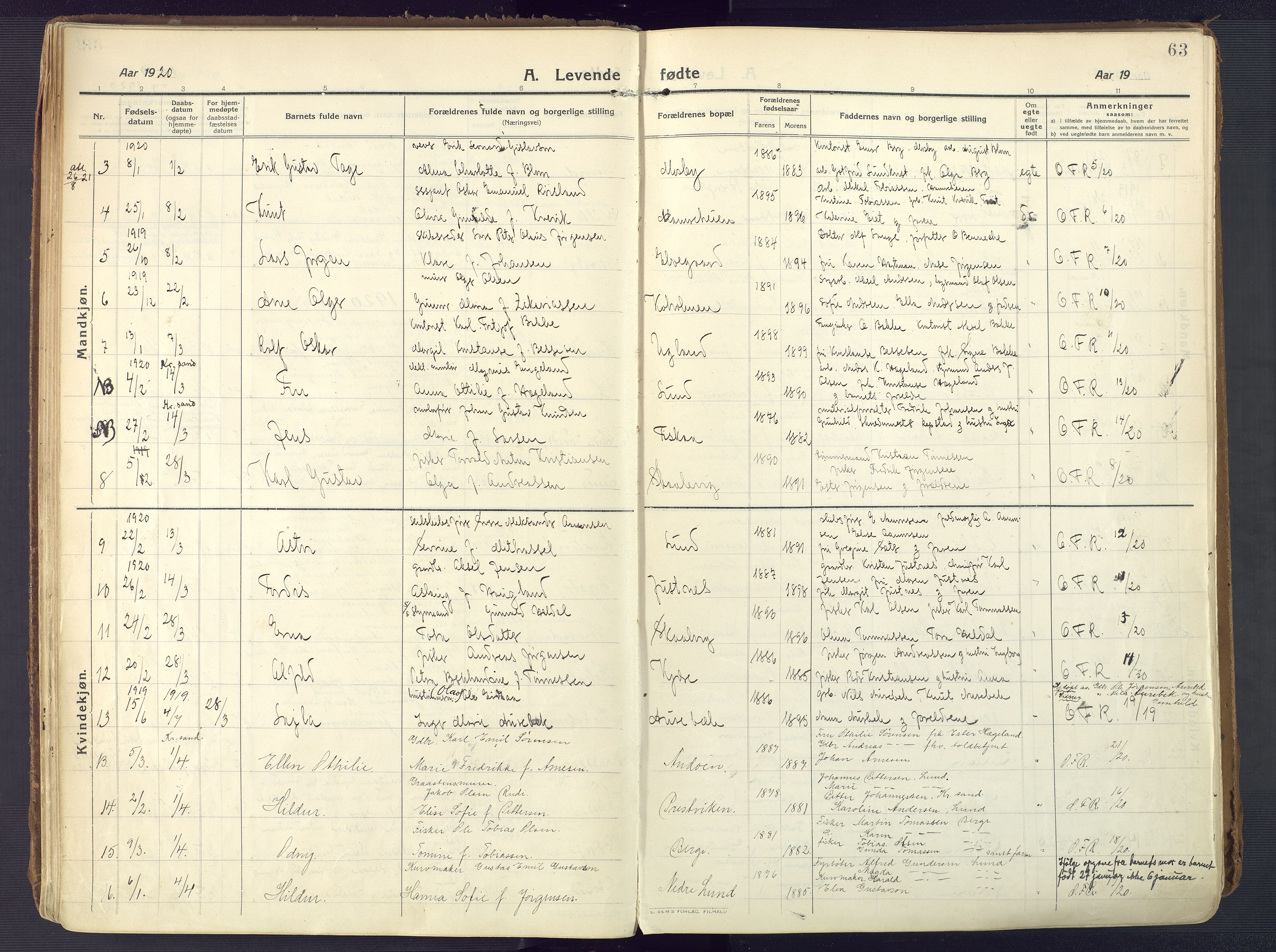 Oddernes sokneprestkontor, AV/SAK-1111-0033/F/Fa/Faa/L0012: Parish register (official) no. A 12, 1912-1925, p. 63