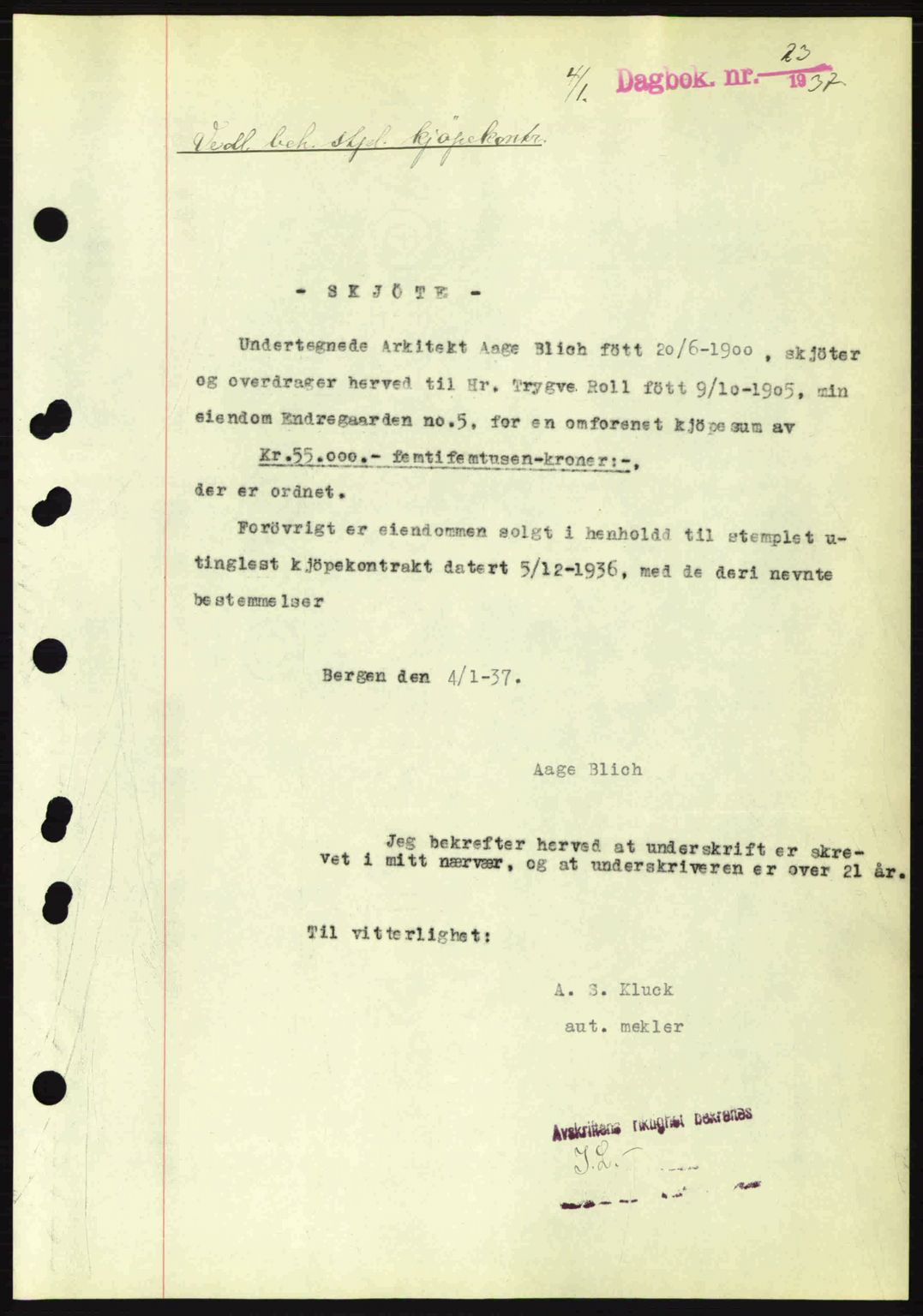 Byfogd og Byskriver i Bergen, SAB/A-3401/03/03Bc/L0004: Mortgage book no. A3-4, 1936-1937, Diary no: : 23/1937