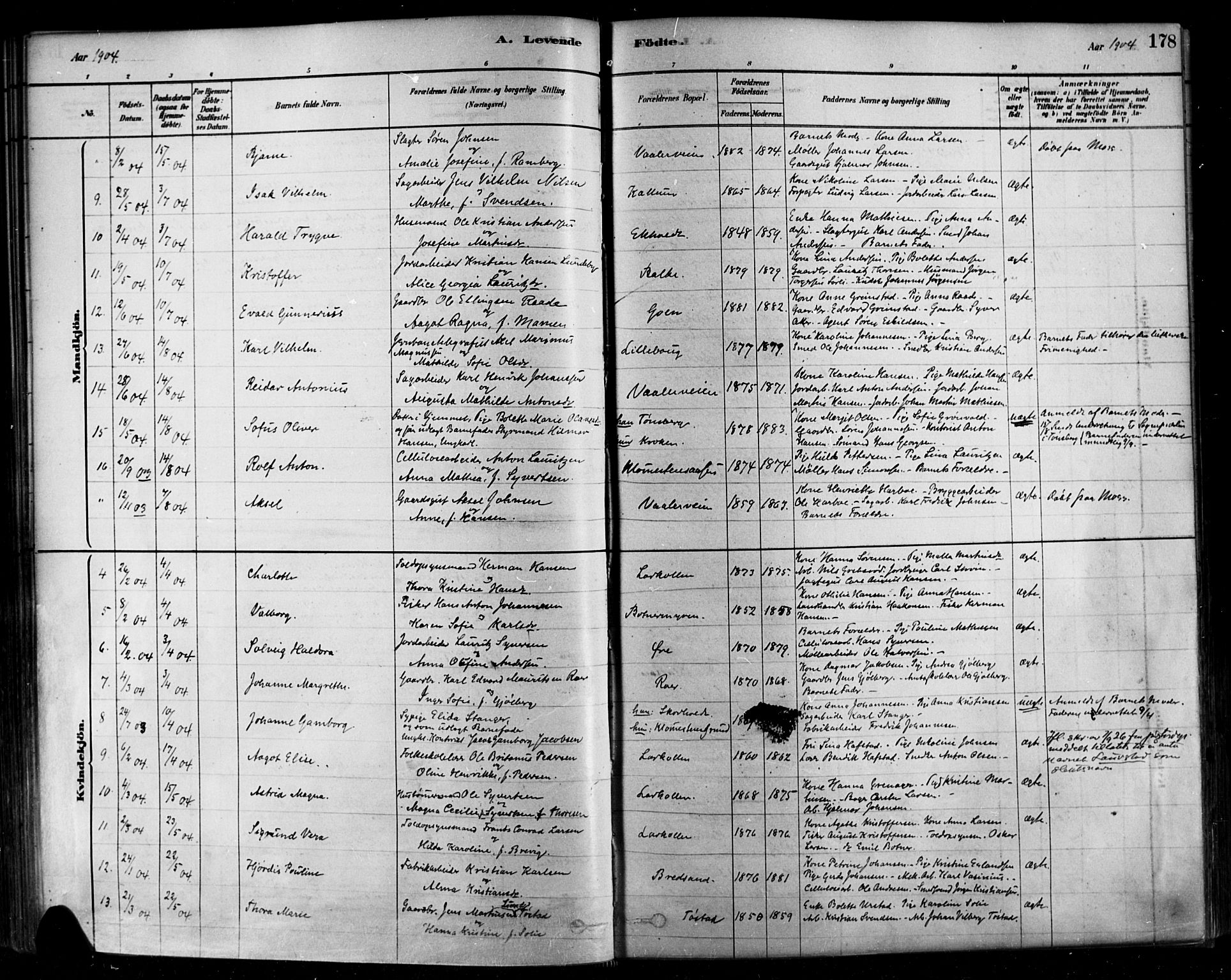 Rygge prestekontor Kirkebøker, AV/SAO-A-10084b/F/Fa/L0007: Parish register (official) no. 7, 1878-1904, p. 178