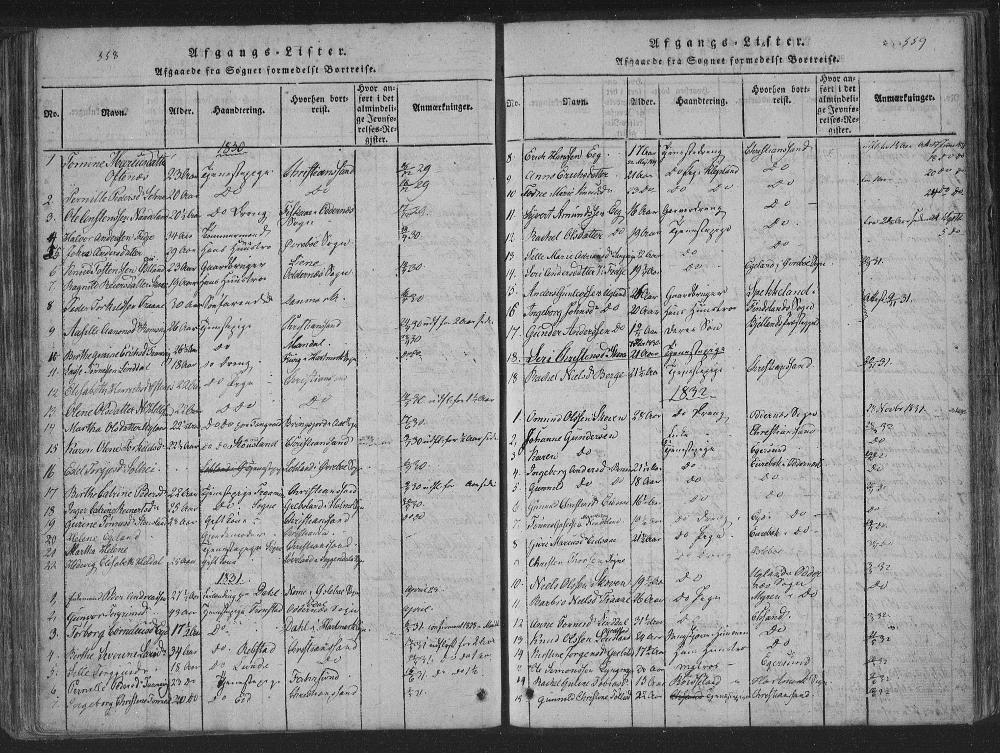 Søgne sokneprestkontor, SAK/1111-0037/F/Fa/Fab/L0008: Parish register (official) no. A 8, 1821-1838, p. 558-559