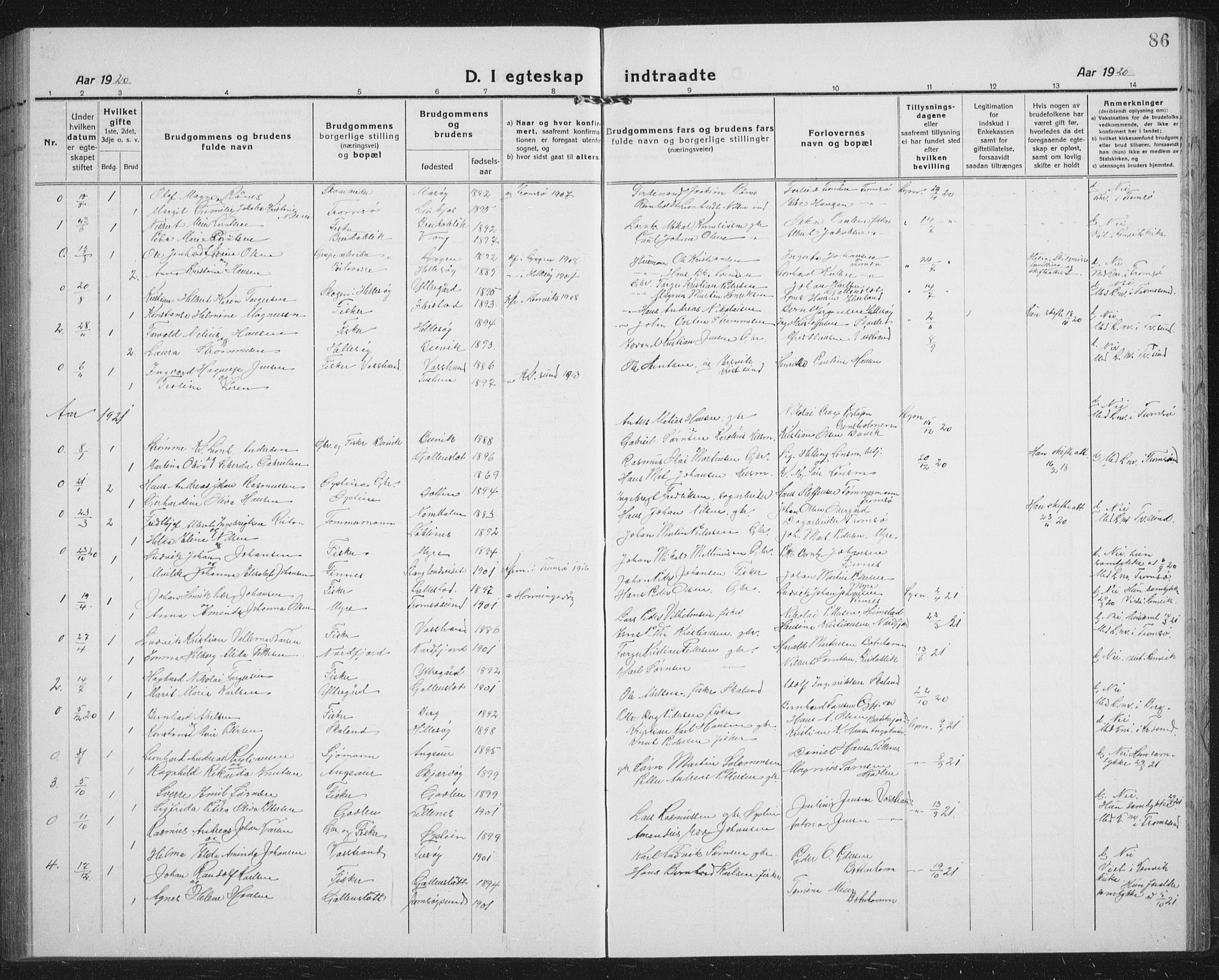 Lenvik sokneprestembete, AV/SATØ-S-1310/H/Ha/Hab/L0023klokker: Parish register (copy) no. 23, 1918-1936, p. 86