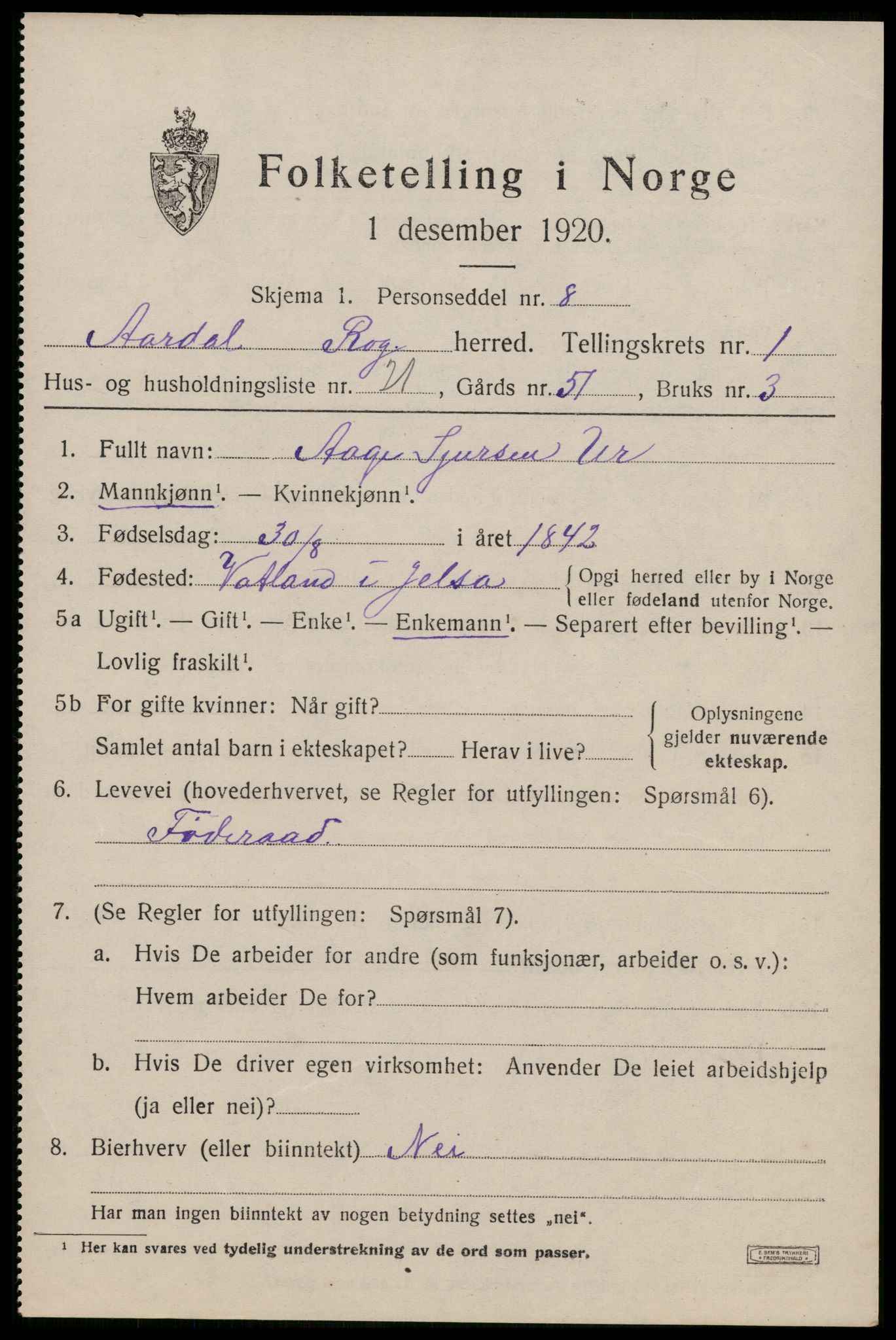 SAST, 1920 census for Årdal, 1920, p. 592