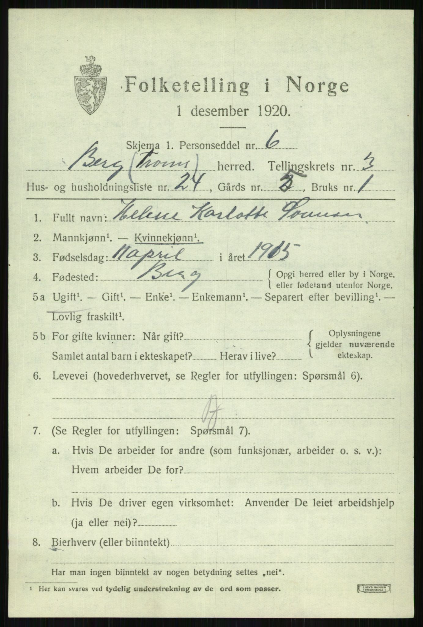 SATØ, 1920 census for Berg, 1920, p. 1527