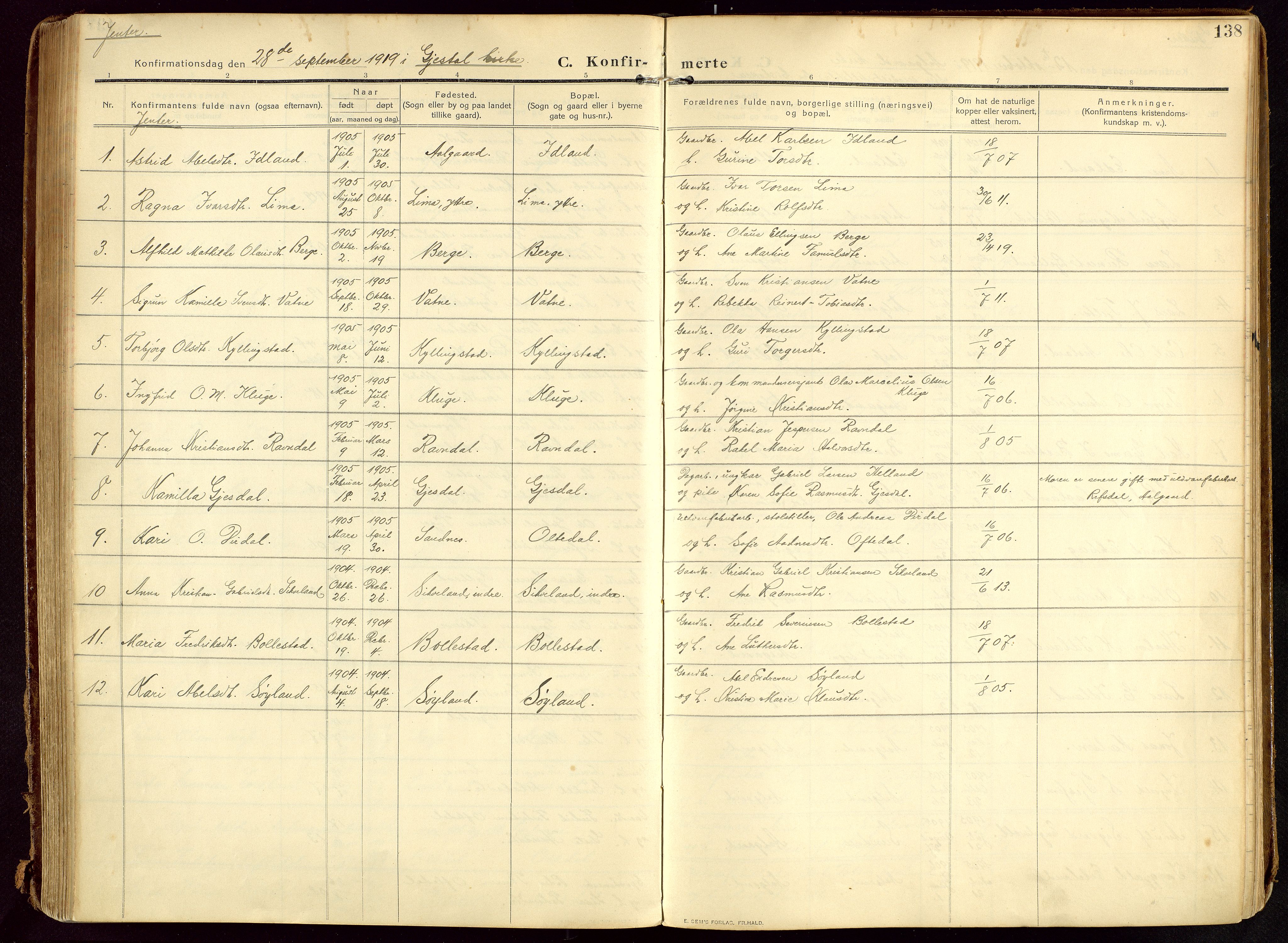 Lye sokneprestkontor, AV/SAST-A-101794/002/B/L0001: Parish register (official) no. A 13, 1910-1925, p. 138