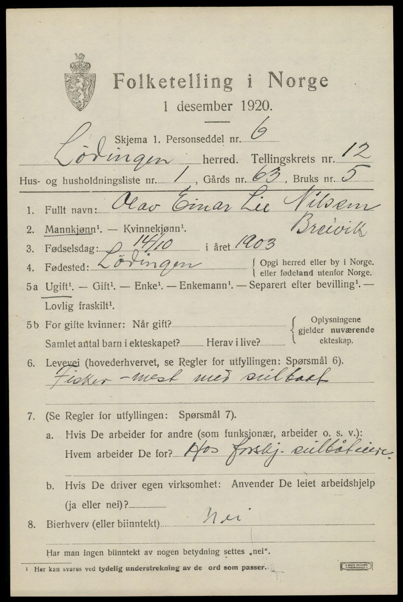 SAT, 1920 census for Lødingen, 1920, p. 6445